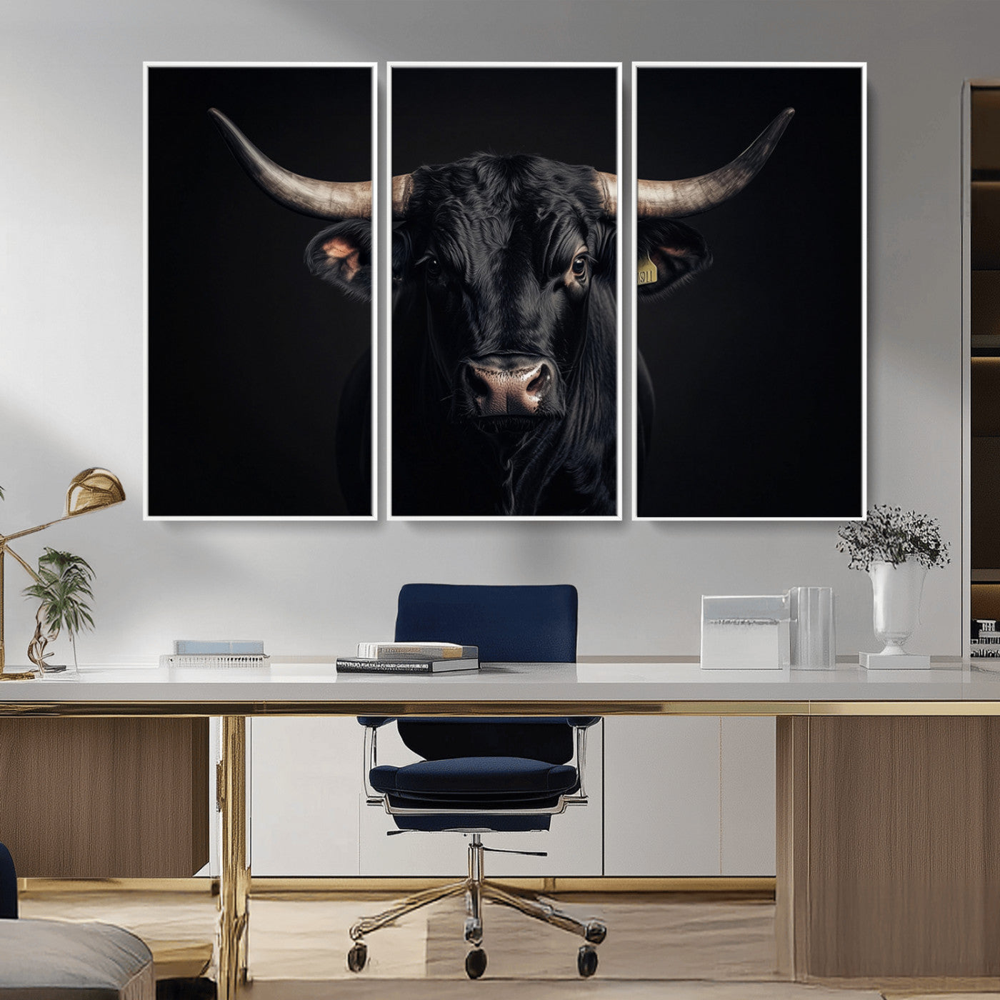 Canvas featuring a black horned bull in moody lighting on a dark background, perfect for western or rustic farmhouse-style home decor.