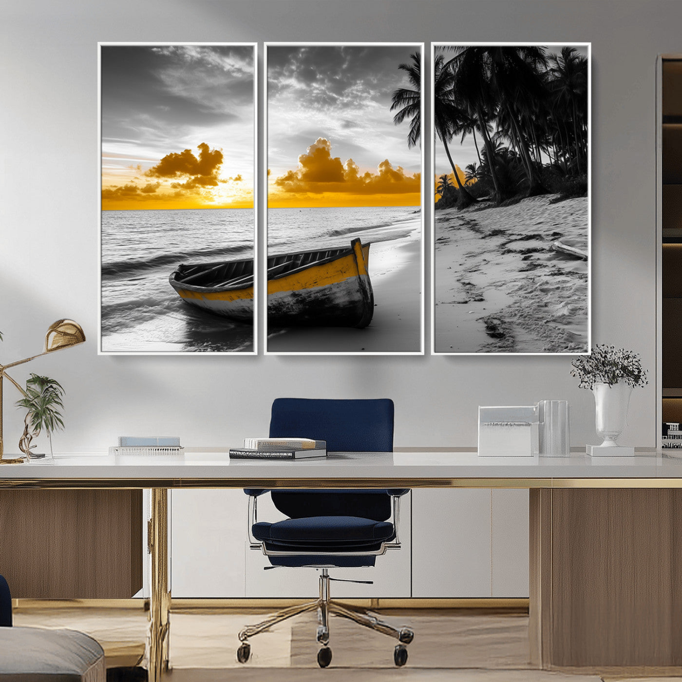 Canvas of a yellow rowboat on a black and white tropical beach with golden sunset sky, ideal for coastal or tropical-themed home decor.