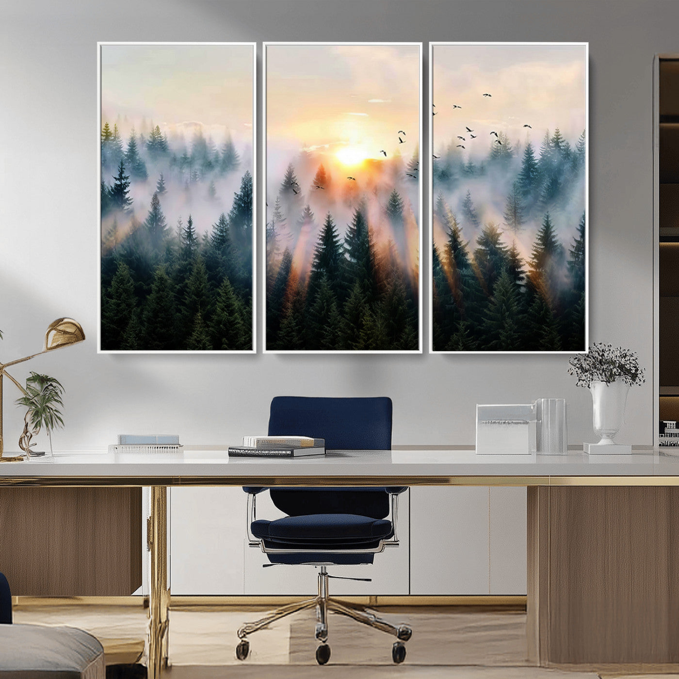 Canvas of a misty pine forest at sunrise with birds flying through golden morning rays, perfect for serene and moody woodland-style home decor.
