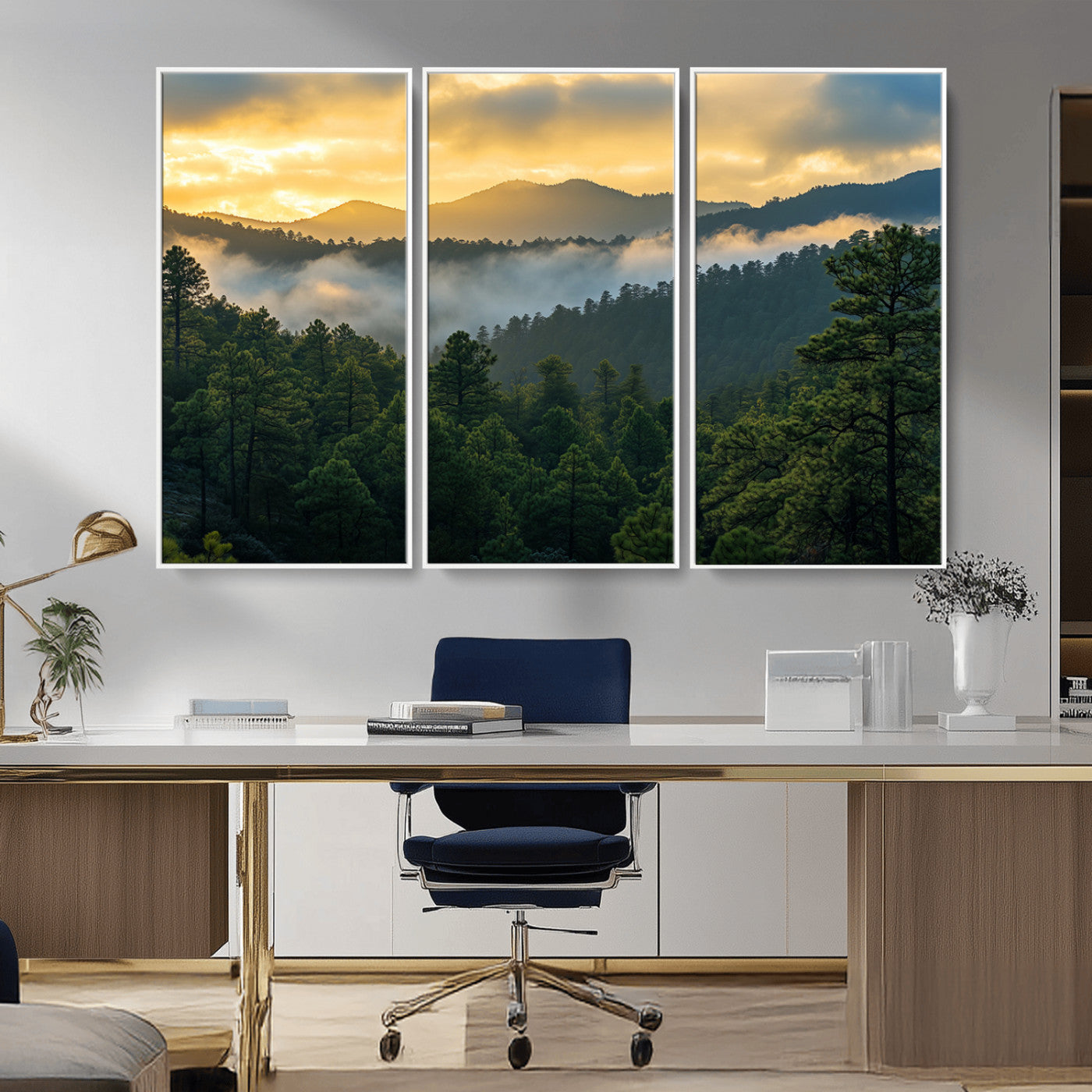 Canvas of misty pine-covered mountains at sunrise, featuring golden light and fog layers, ideal for tranquil earthy home decor.