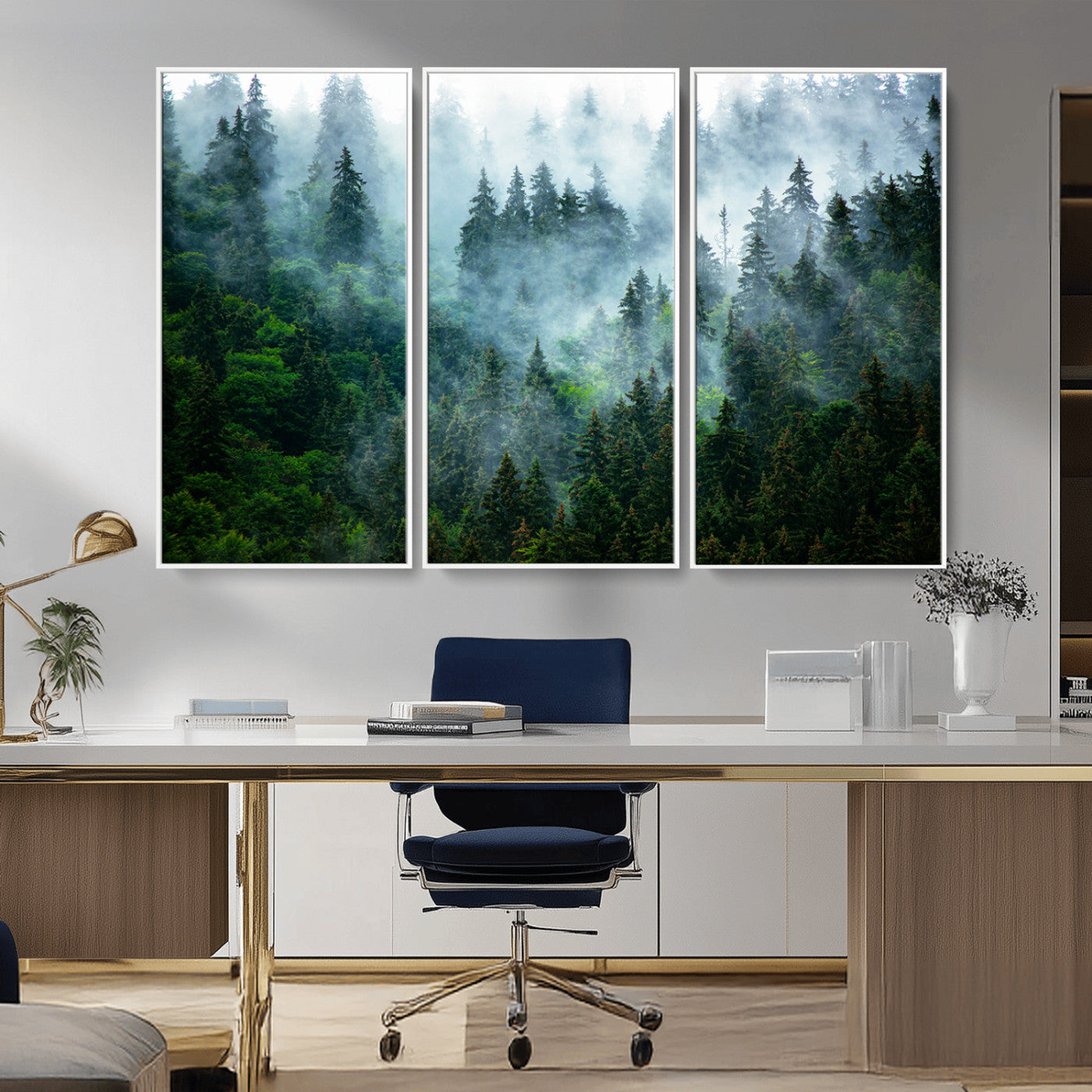 A captivating view of a dense pine forest blanketed in drifting fog, evoking a mystical and tranquil atmosphere.