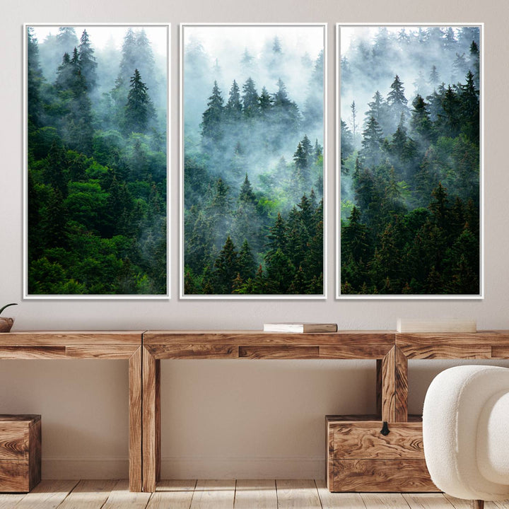 Misty Forest Art Wall Art Canvas Print, Foggy Mountain Art Print, Framed Scenic Wall Print Art Print, Large Woodland Canvas Printing Perfect for  Decor