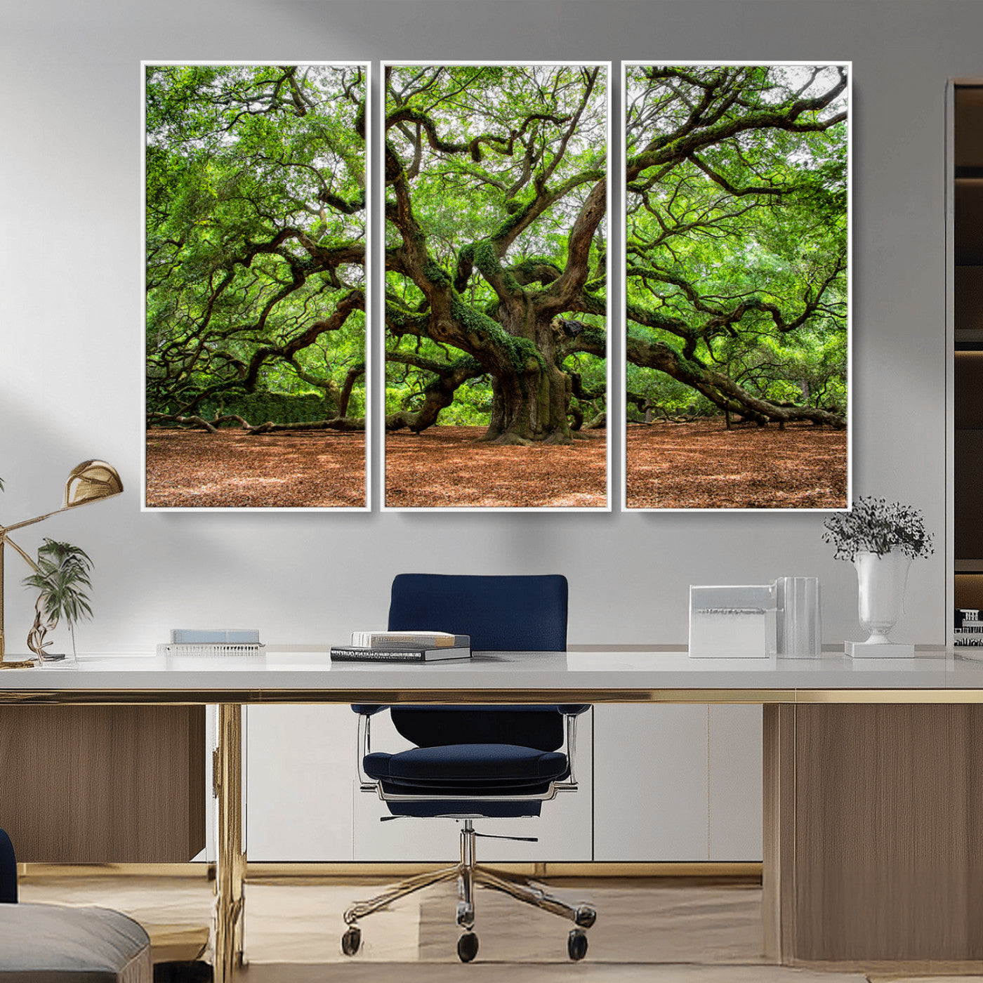 A majestic, ancient tree with expansive, twisting branches spreading wide under a dense, vibrant green canopy in a serene forest clearing.