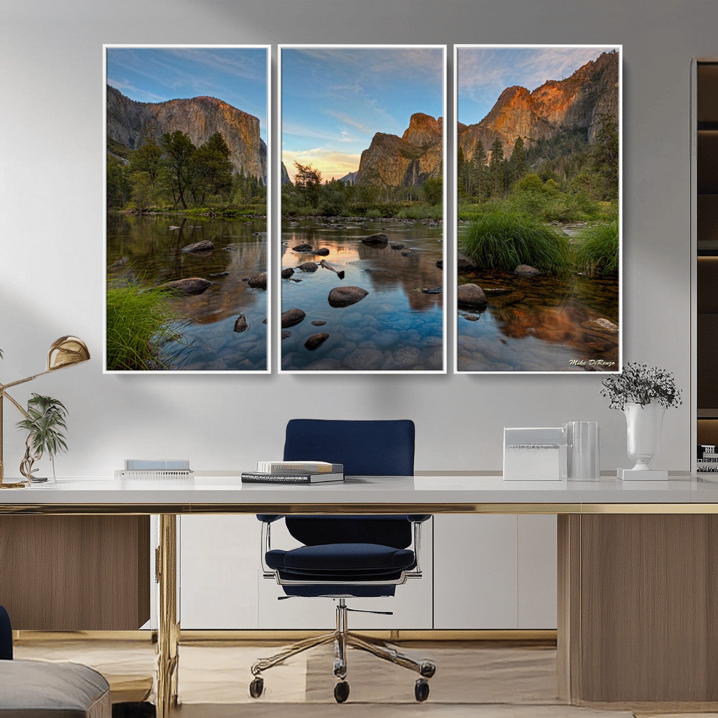 Canvas of Yosemite Valley with El Capitan and sunset reflections in a calm river, perfect for rustic or nature-themed décor.