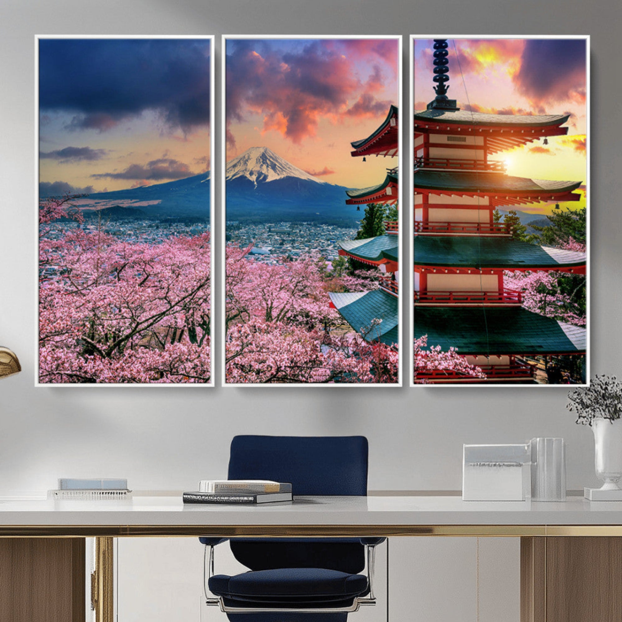 Mount Fuji & Cherry Blossom Wall Art Canvas Print – Iconic Japanese Landscape, Sakura Pagoda Sunset, Multi-Panel Framed Artwork for Home, Office & Zen Decor
