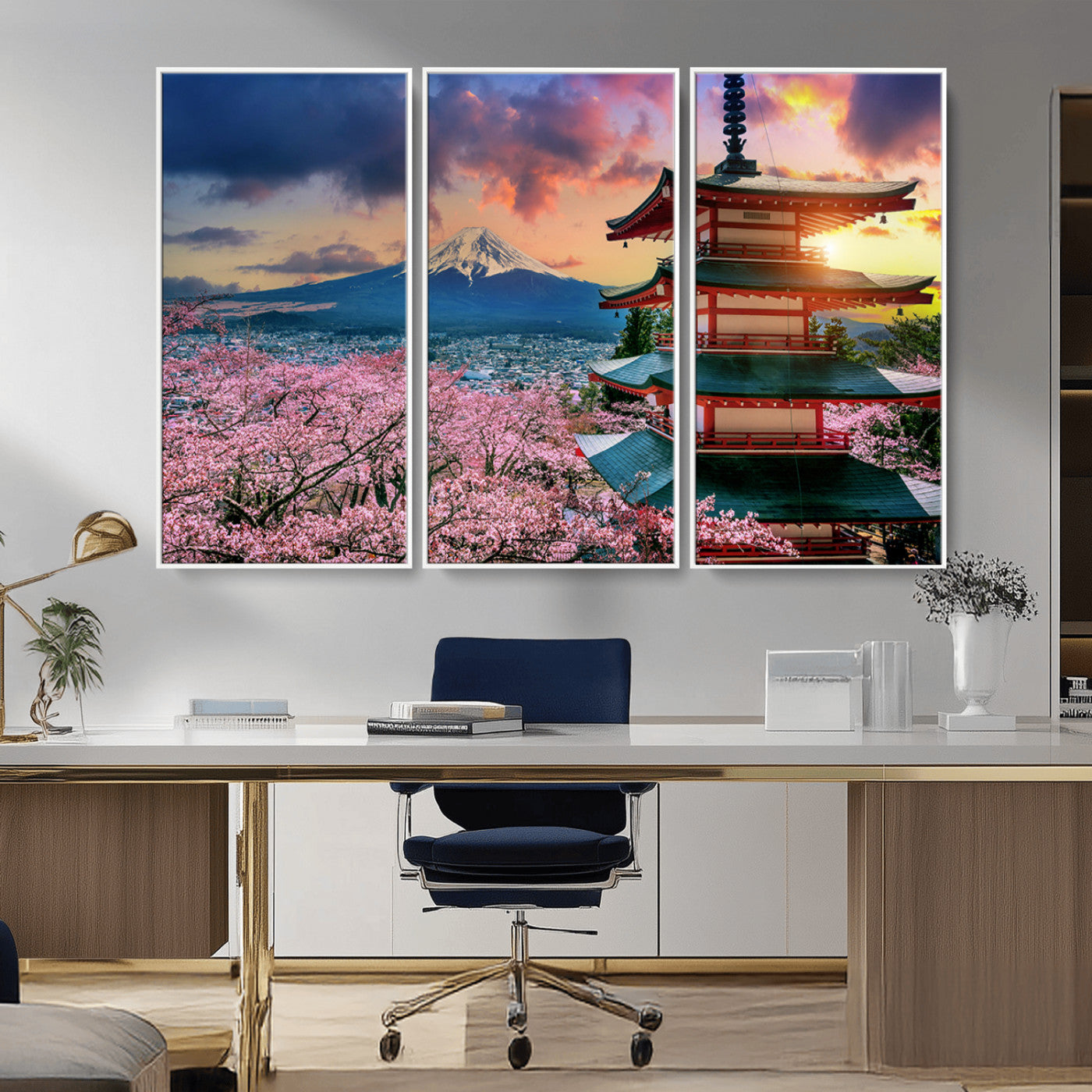 MGV-FC-48X32-3P - Mount Fuji & Cherry Blossom Wall Art Canvas Print – Iconic Japanese Landscape, Sakura Pagoda Sunset,