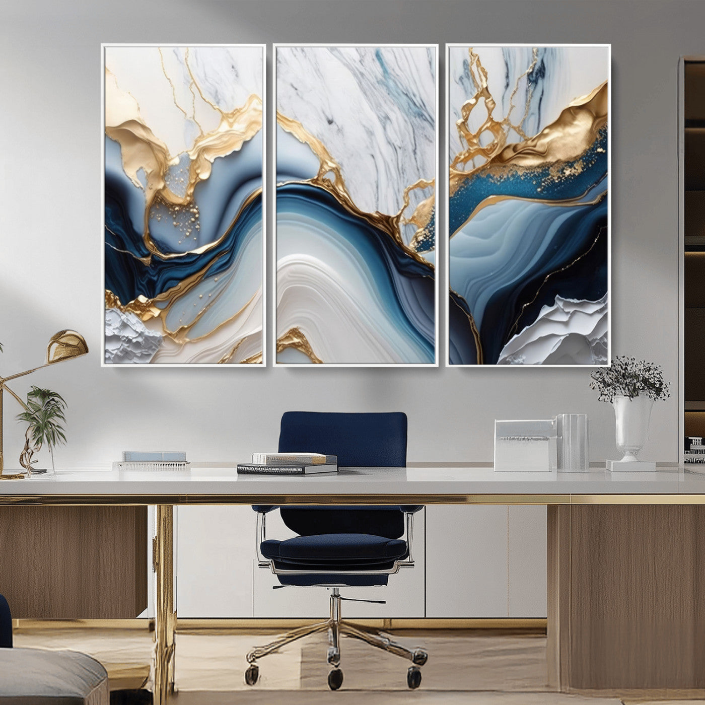 Abstract canvas with blue marble textures and flowing gold veins, ideal for modern luxury or coastal-inspired interior decor.