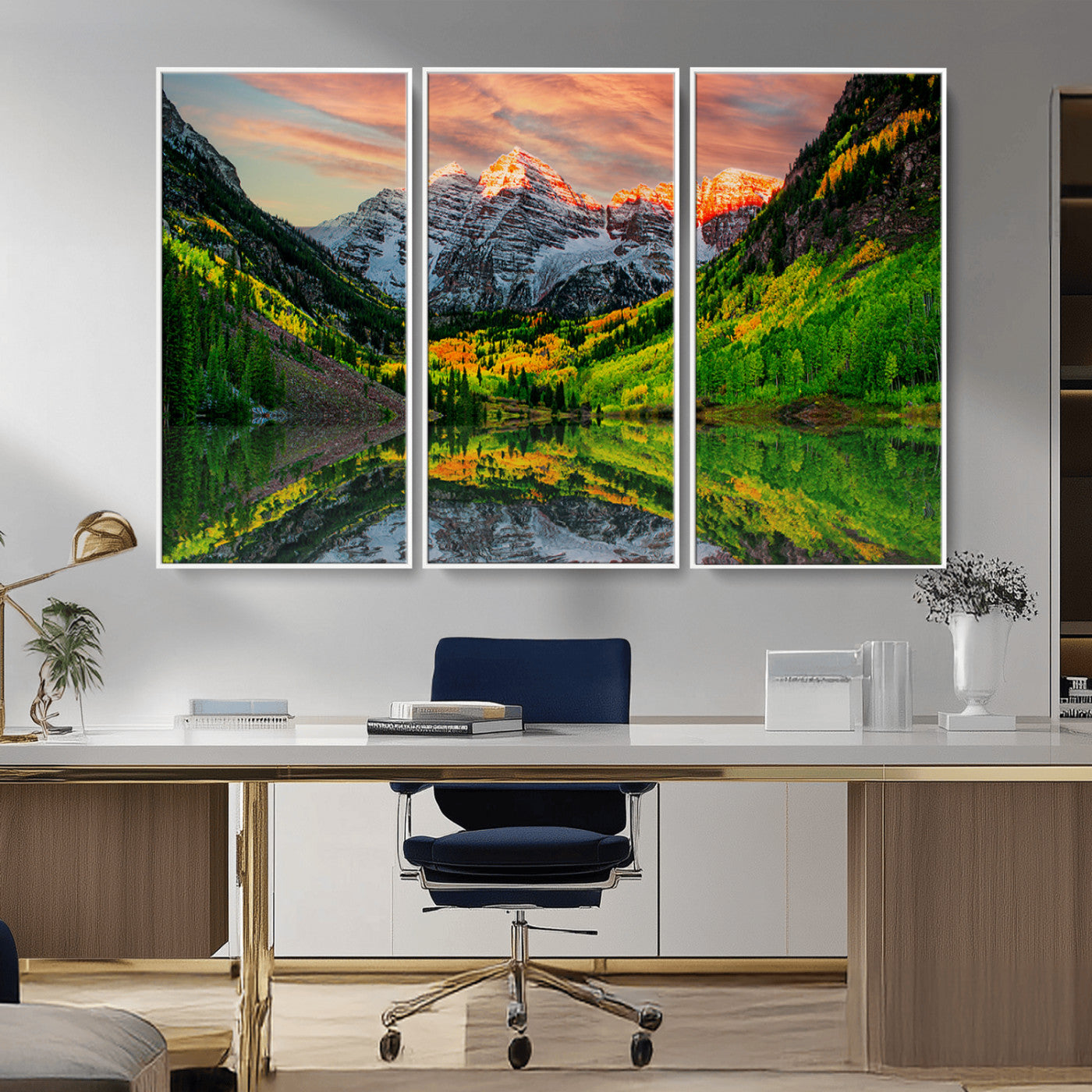 MGV-FC-48X32-3P - Maroon Bells Lake Wall Art Canvas Print – Majestic Colorado Mountain Landscape, Autumn Reflection,
