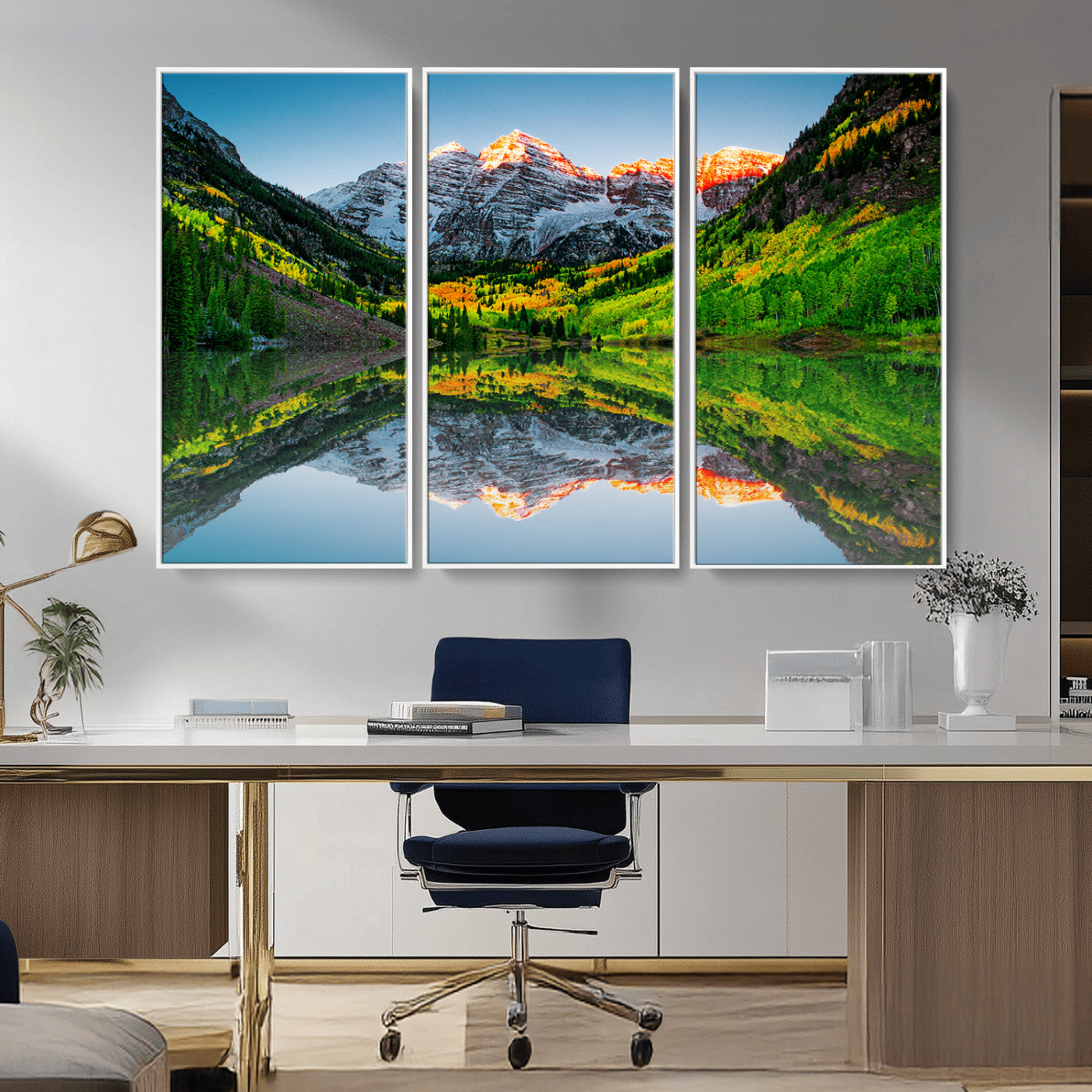 MGV-FC-48X32-3P - Maroon Bells Lake Print Wall Art – Majestic Colorado Mountain Landscape, Autumn Reflection,