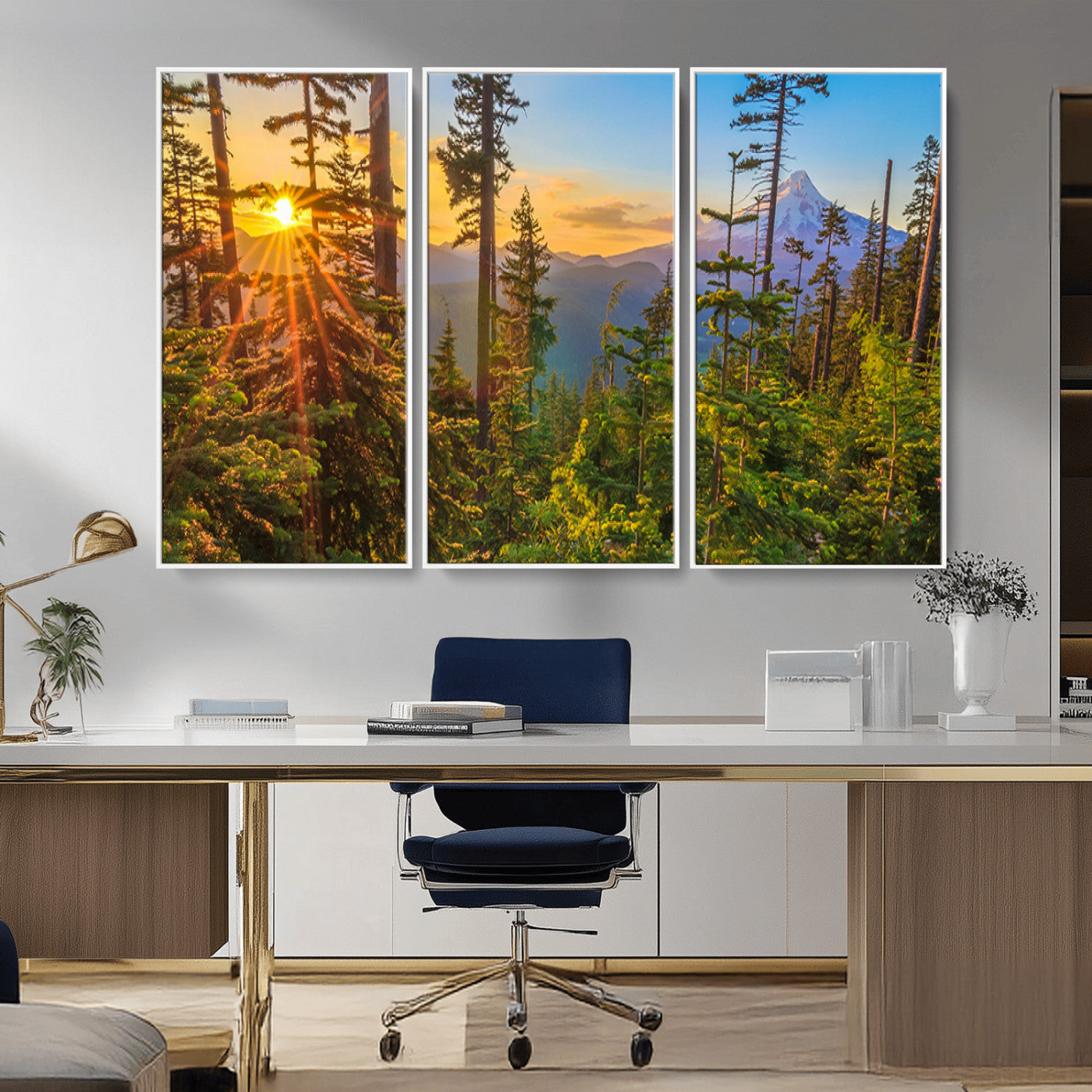 Colorful canvas of Mount Hood and Oregon forest at sunset, featuring sunburst light and lush pine trees for rustic nature decor.