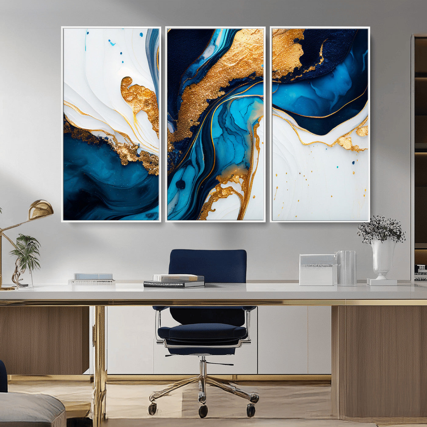 Luxurious abstract canvas in gold, navy, and teal tones with fluid marble patterns, perfect for modern glam or upscale interiors.