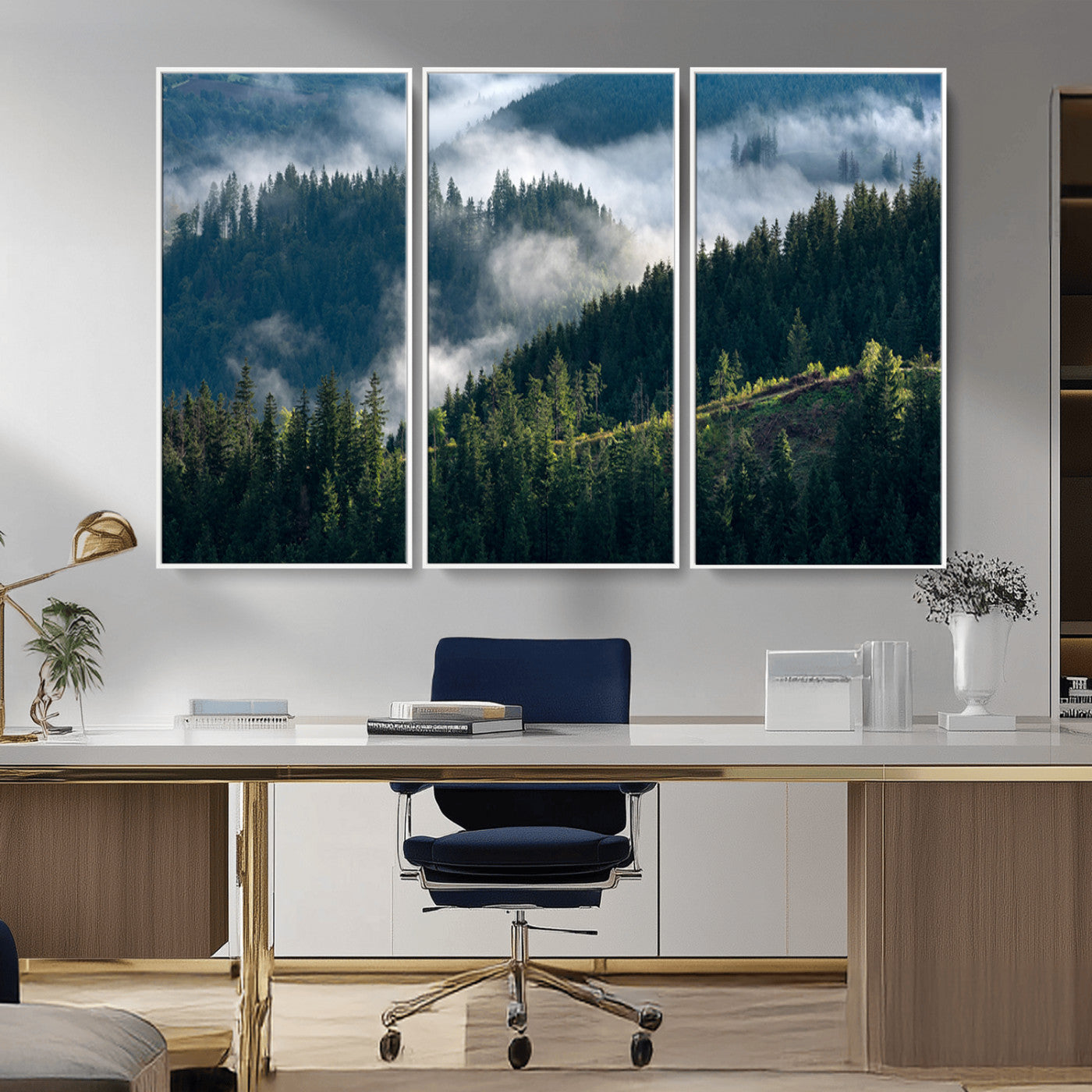 Moody canvas of misty pine forests over layered hills, perfect for cool-toned nature-inspired or woodland-style home decor.