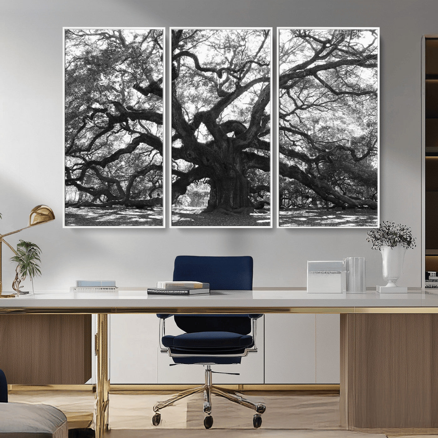 MGV-FC-48X32-3P - Ancient Oak Wall Art Canvas Print, Framed Twisted Branches Art Picture Print, Gnarled Tree Perfect Moody Nature Decor Artwork