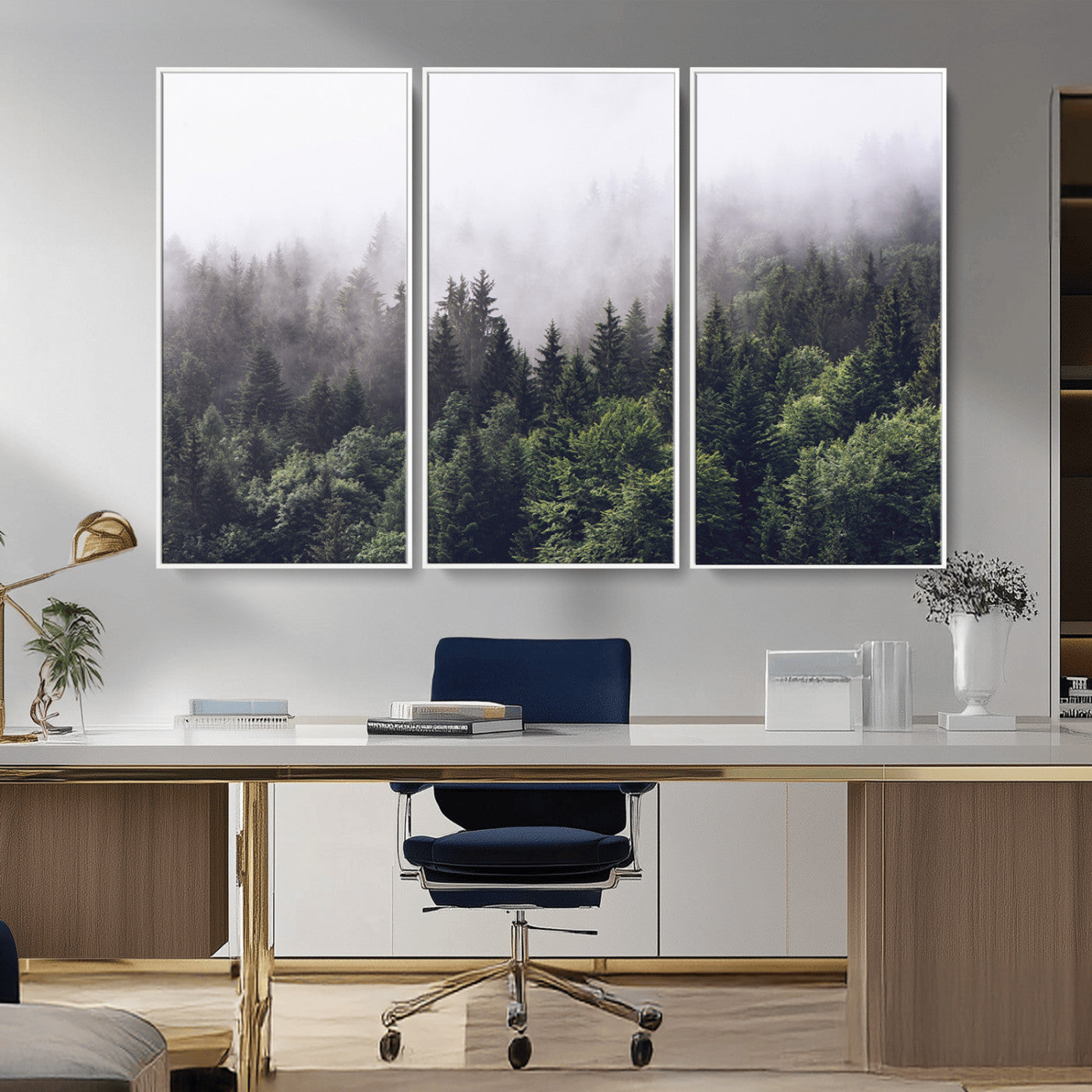 Canvas of dense misty forest in dark green tones, ideal for moody forest or atmospheric woodland-themed home decor.