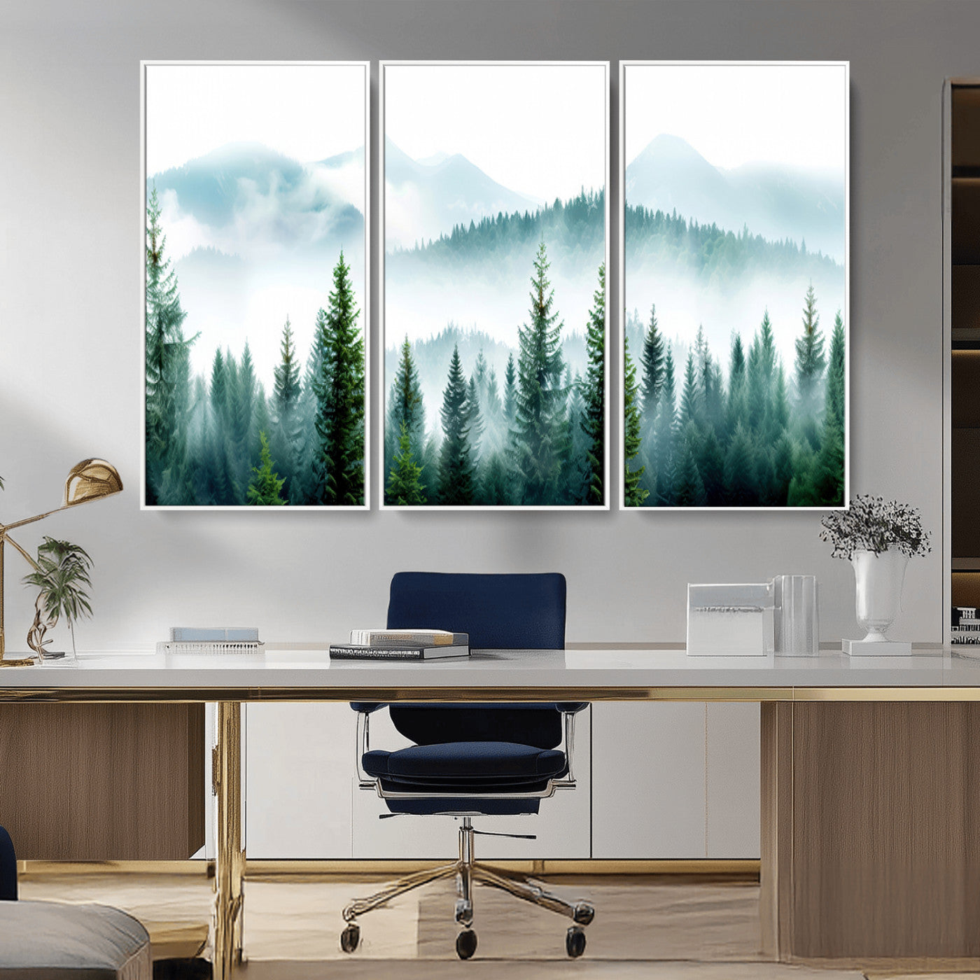 Canvas of pine forest and misty mountain layers in cool tones, perfect for moody forest or serene nature-inspired home decor.