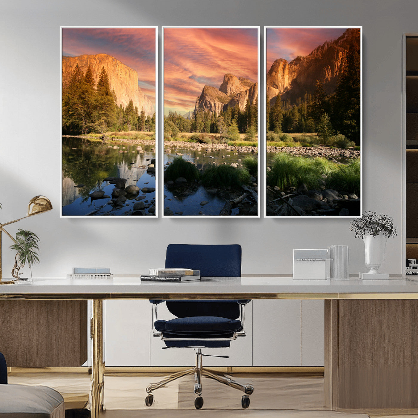 Canvas of Yosemite Valley with El Capitan and sunset sky, featuring vibrant tones ideal for rustic or nature-inspired home decor.