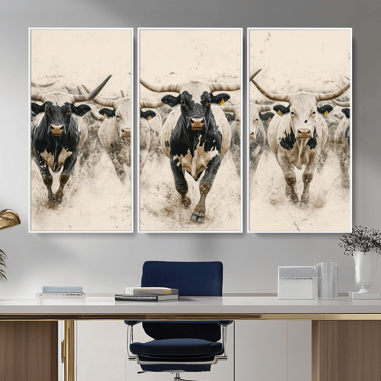 MGV-FC-48X32-3P - Cream Dust Longhorn Wall Art – Canvas Print of Western Herd Stampede, Dynamic Charge, Rustic Prairie Motion, Bold Nature Farm Decor