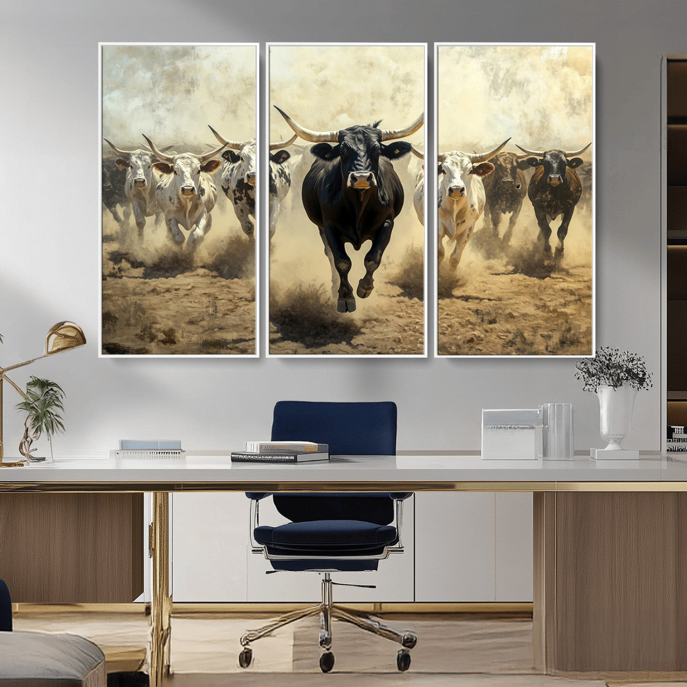 Dynamic canvas showing a Texas Longhorn stampede with earthy tones and bold movement, perfect for rustic or Western-style interiors.