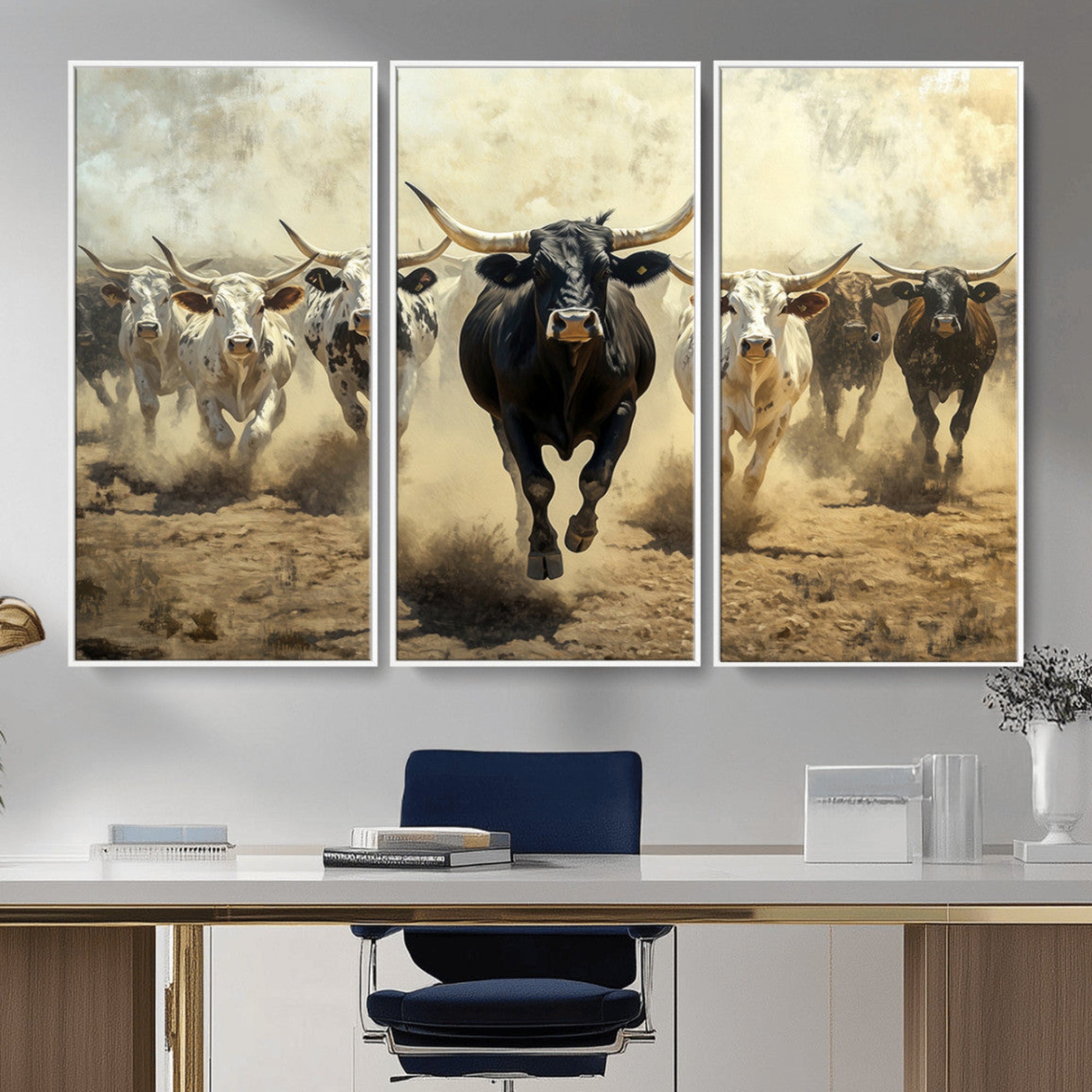 Dynamic canvas showing a Texas Longhorn stampede with earthy tones and bold movement, perfect for rustic or Western-style interiors.