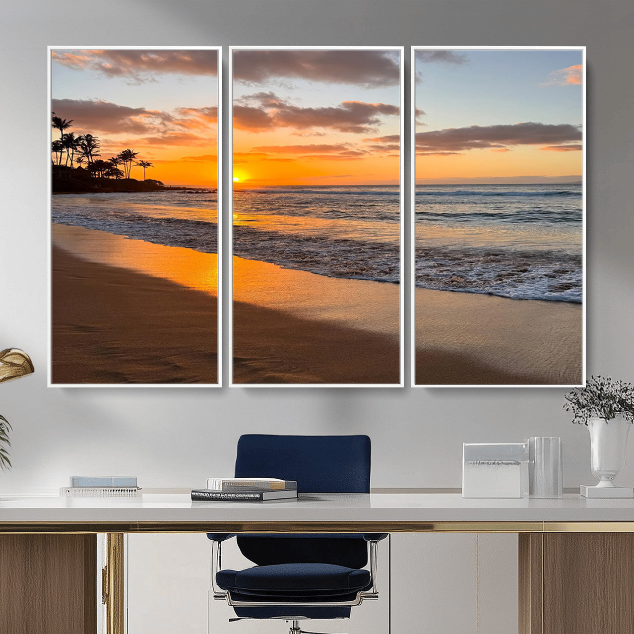 MGV-FC-48X32-3P - Sunset Glow Wall Art – Canvas Print of Ocean Breeze, Golden Sand, Tropical Palm Silhouettes, Tranquil Waves, Beach Nature Decor for Home