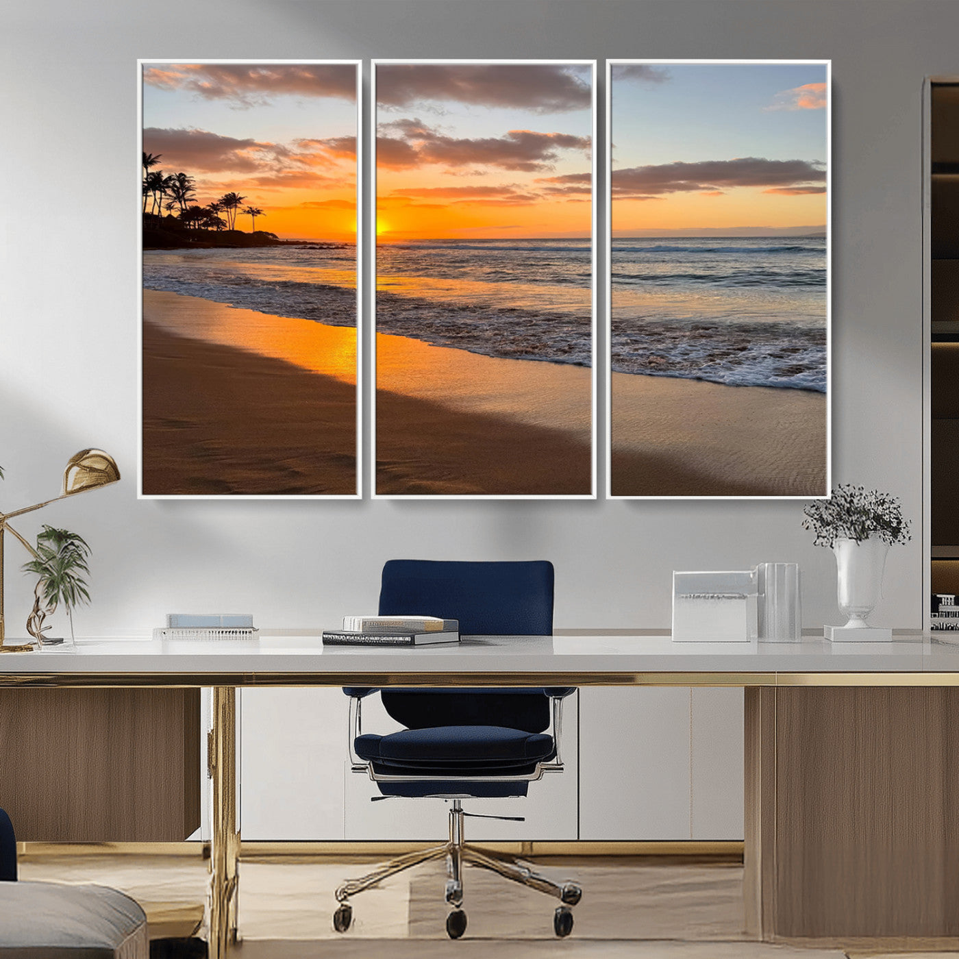 Canvas of a tropical beach at sunset with golden reflections and palm trees, perfect for vibrant coastal or island-style decor.