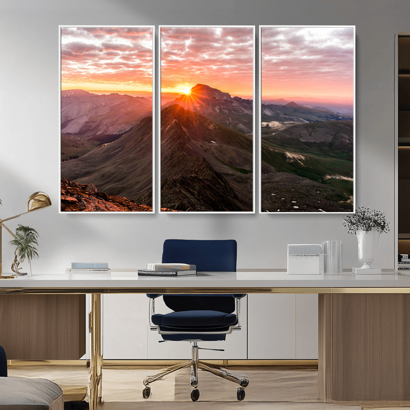 Canvas showing a mountain ridge at sunrise with golden light and dramatic clouds, perfect for nature or rustic-inspired wall decor.