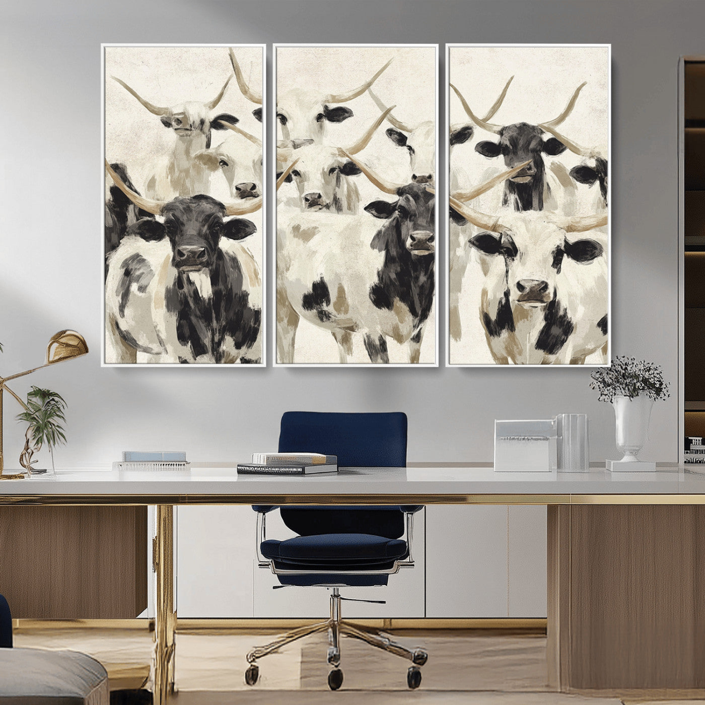 MGV-FC-48X32-3P - Longhorn Texas Cow Drawing Abstract Wall Art Canvas Print for Farmhouse Decor, Texas Bull Printing