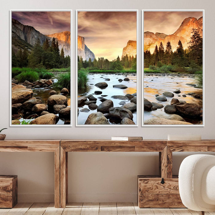 A tranquil riverside sunset mirrors the beauty of a Yosemite wall art masterpiece like the Large El Capitan Print.