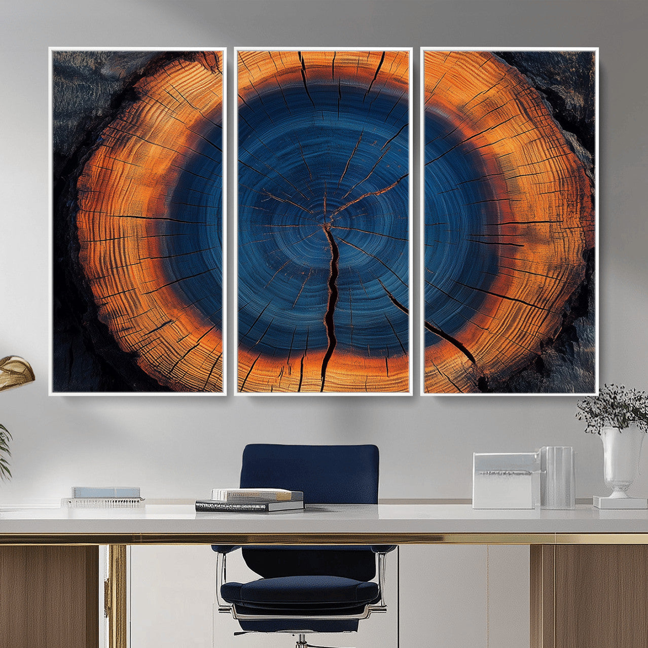 MGV-FC-48X32-3P - Abstract Tree Ring Wall Art Print, Natural Rustic Wood Texture Canvas Print, Framed Tree Ring Printing, Wood Tree Stump Artwork Canvas Print
