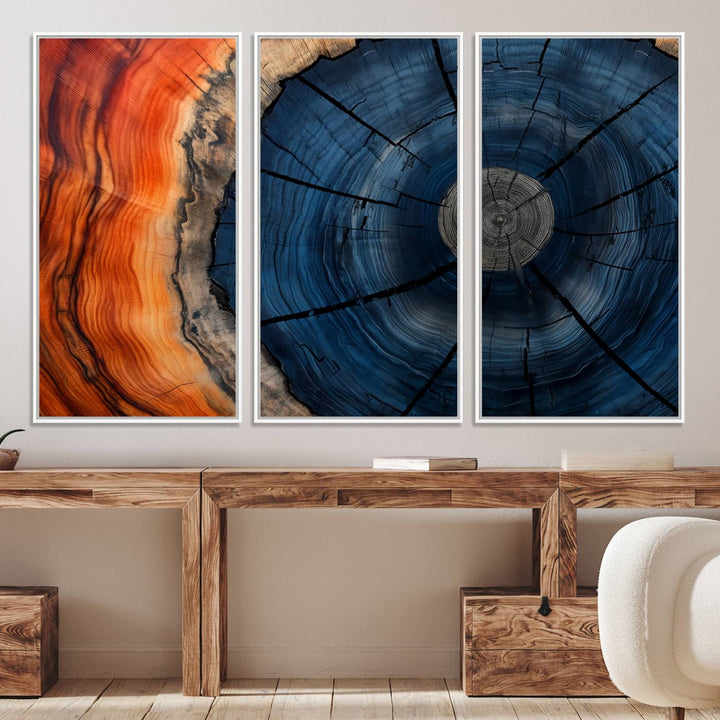 Abstract Tree Rings Canvas Print with vibrant colors—ideal farmhouse wall art for a woodland-themed home.