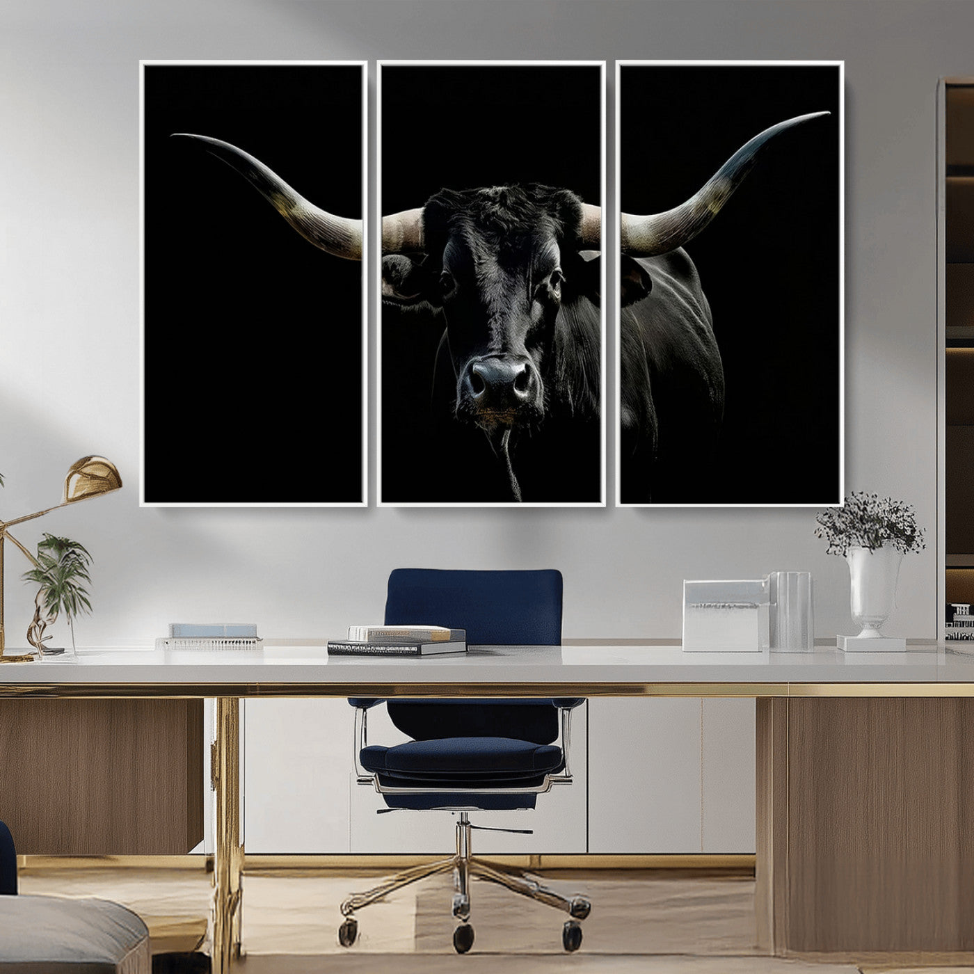 MGV-FC-48X32-3P - Texas Black Bull Wall Art Print, Longhorn Bull Canvas Wall Art