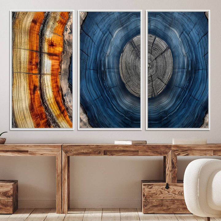 Vibrant Abstract Tree Rings in Orange, Brown, and Blue - Canvas Print for Nature Woodland Wall Decor.