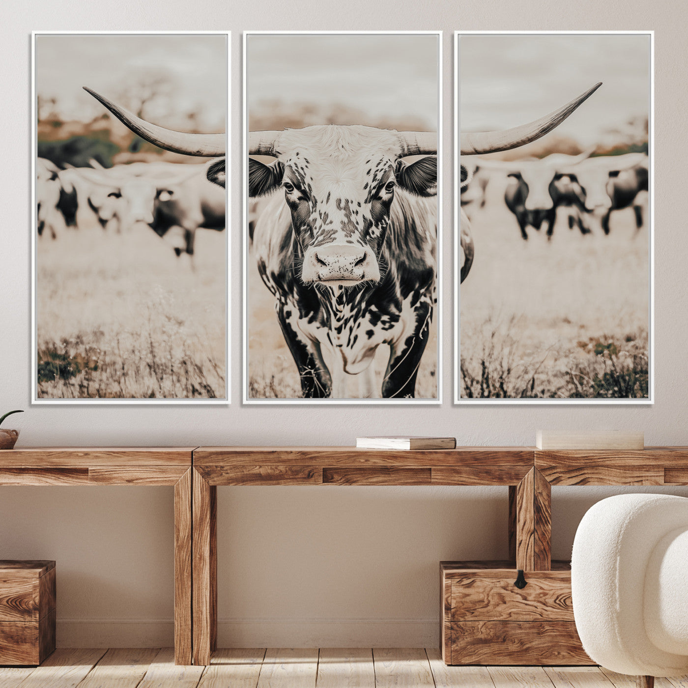 27497342-MGV-CV-36X24-Texas Longhorn Wall Art Canvas Print, Framed Speckled Cow Art Picture Print, Horned Cattle Perfect Rustic Western Decor Artwork