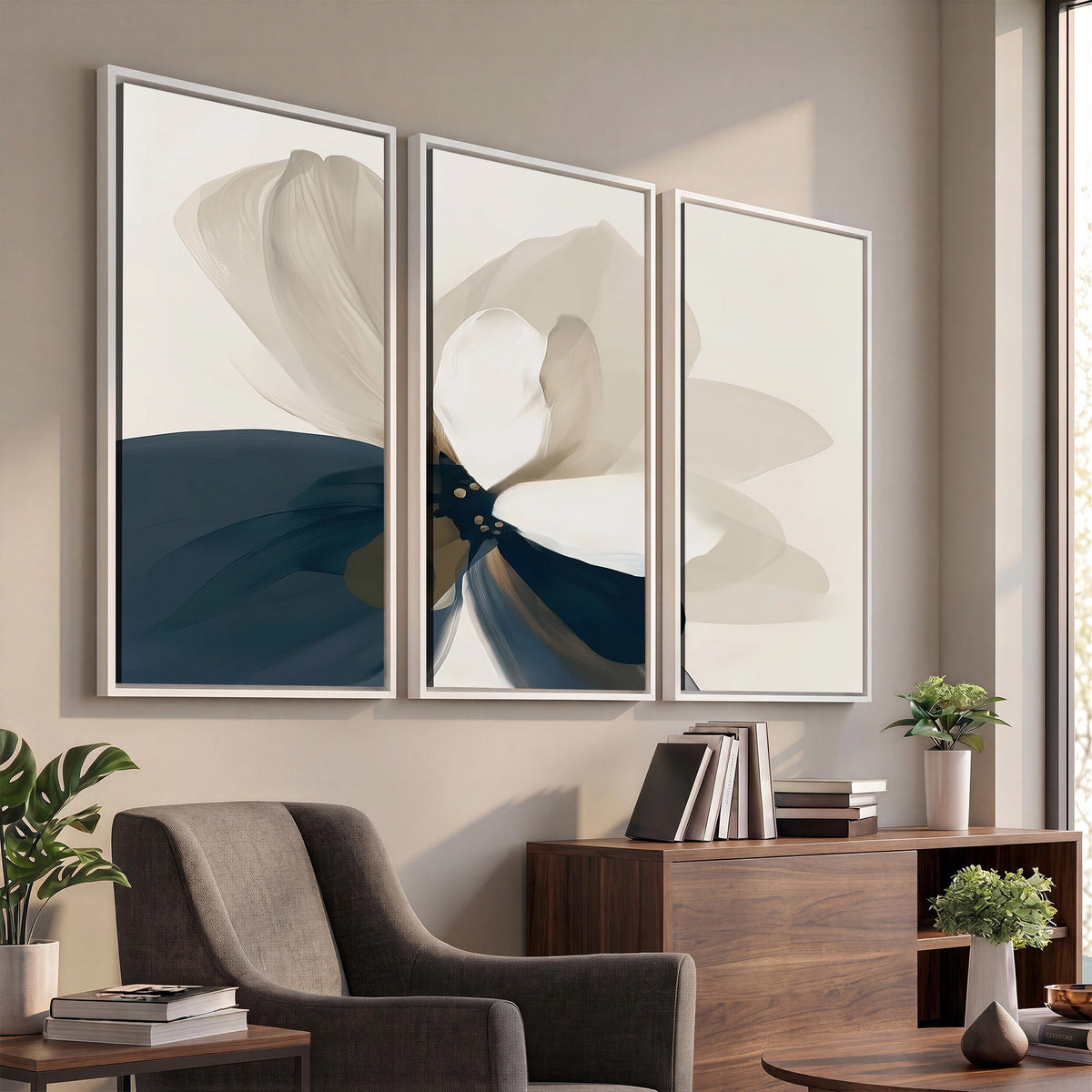 42188901-MGV-CV-24X16 - Minimal Flower Wall Art Canvas Print | Framed Beige and Navy Bloom