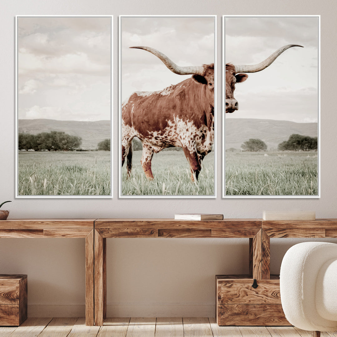 Texas Longhorn Wall Art Canvas Print, Framed Spotted Cattle Art Picture Print, Horned Bull Perfect Rustic Western Decor Artwork