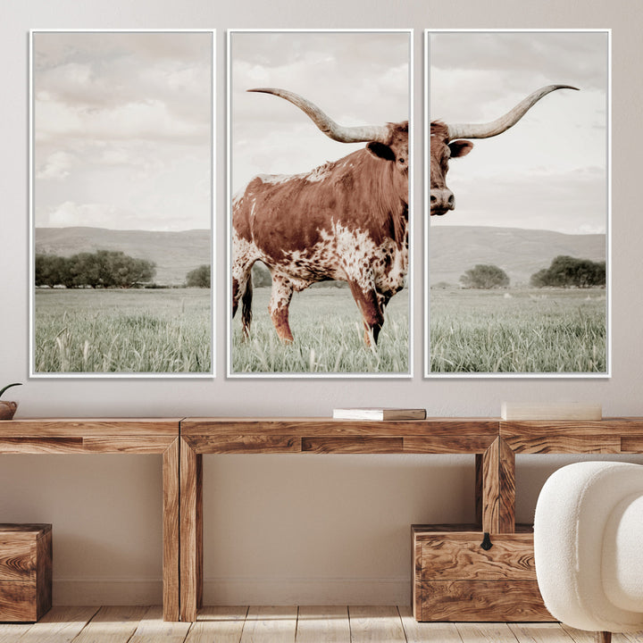 Texas Longhorn Wall Art Canvas Print, Framed Spotted Cattle Art Picture Print, Horned Bull Perfect Rustic Western Decor Artwork