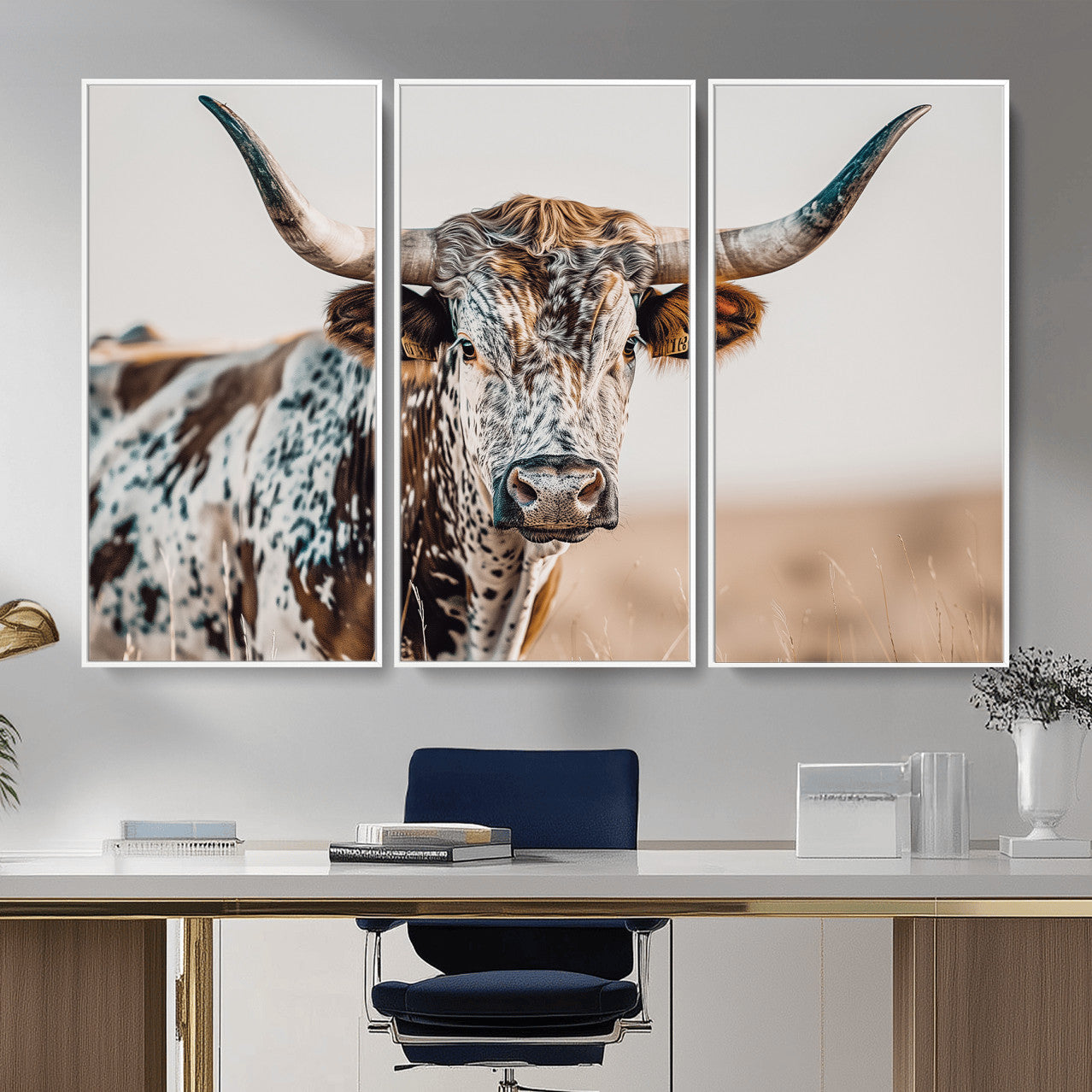 70414966-MGV-FC-48X32-3P - Majestic Longhorn Wall Art – Canvas Print of Strong Stance Intricate Fur & Sharp Horns Rustic Elegance & Timeless Wild Beauty Decor for Living Room, Office or Bedroom