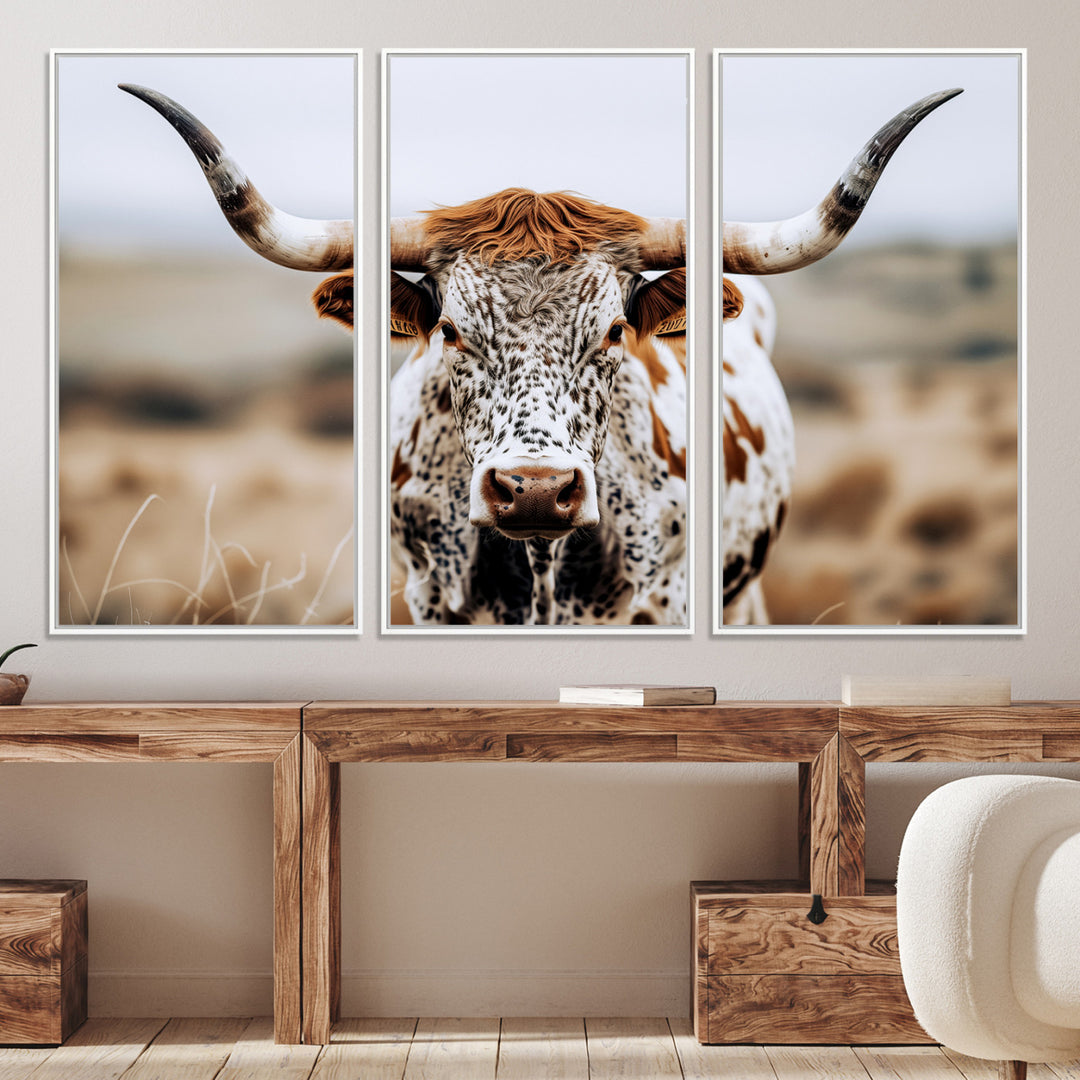 Texas Longhorn Wall Art Canvas Print, Framed Spotted Cow Art Picture Print, Horned Cattle Perfect Rustic Western Decor Artwork