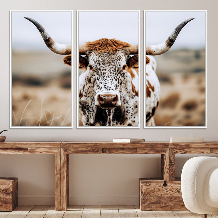 Texas Longhorn Wall Art Canvas Print, Framed Spotted Cow Art Picture Print, Horned Cattle Perfect Rustic Western Decor Artwork