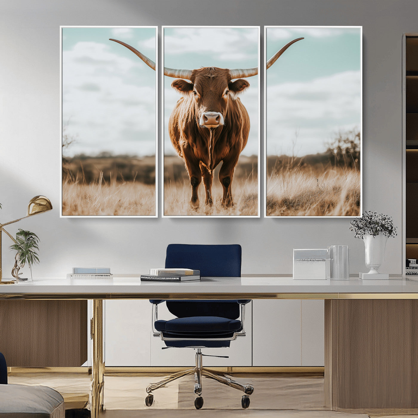 Texas Longhorn standing in a golden prairie under soft skies, ideal for rustic or western-style decor with warm natural tones.