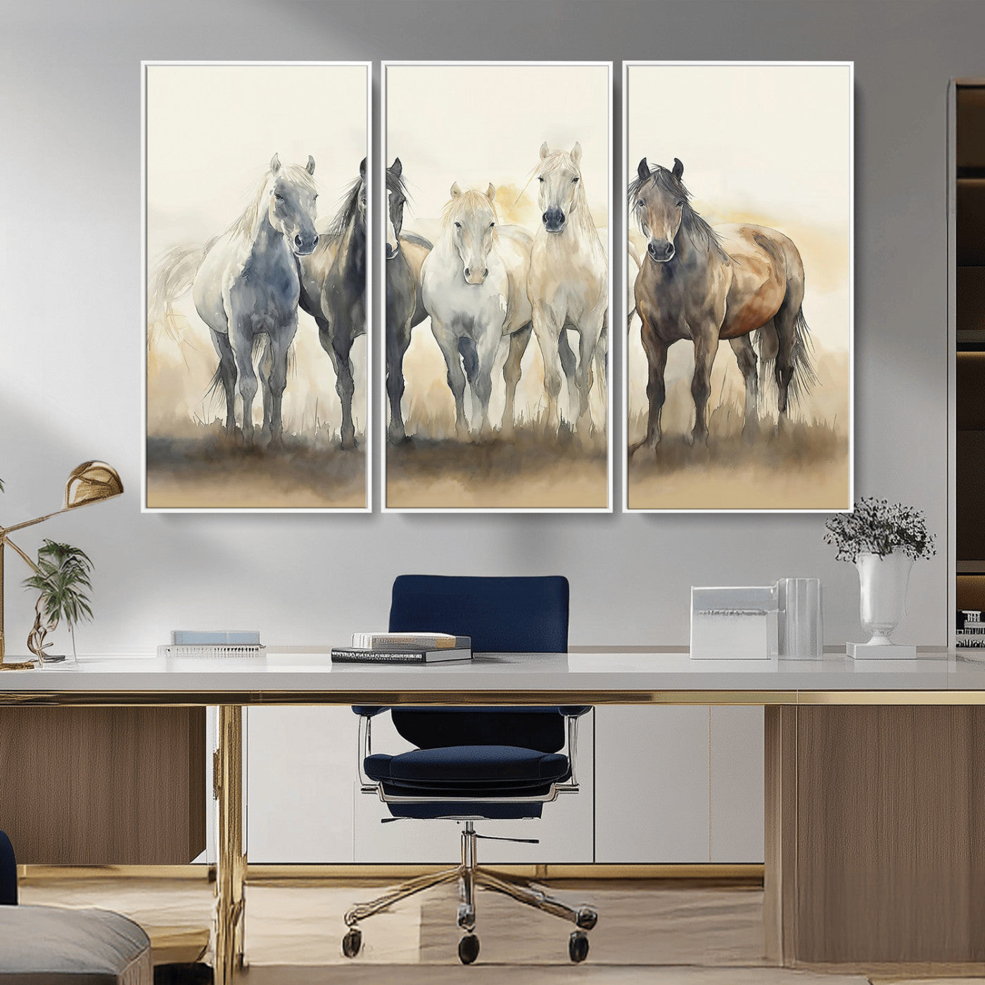 Watercolor illustration of five wild horses in soft neutral tones, perfect for rustic or western-style home decor with a calming natural vibe.