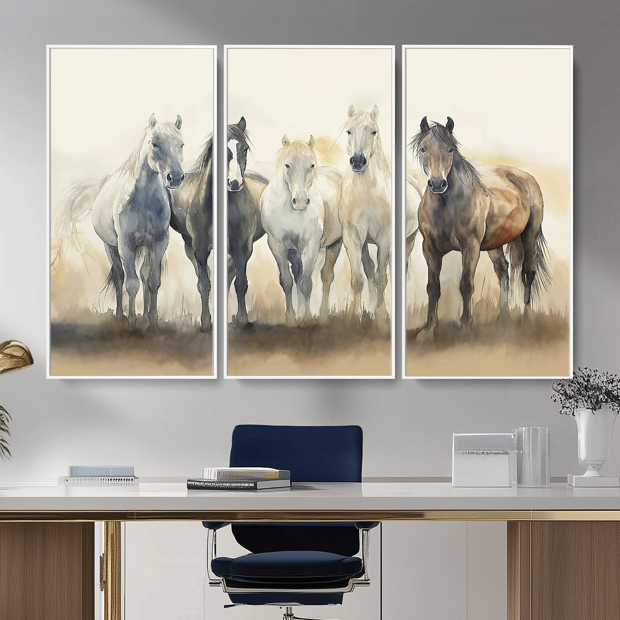 MGV-FC-48X32-3P - Wild Horses Wall Art Canvas Print, Framed Running Horses Art Picture Print, Watercolor Horses Perfect Rustic Western Decor Artwork