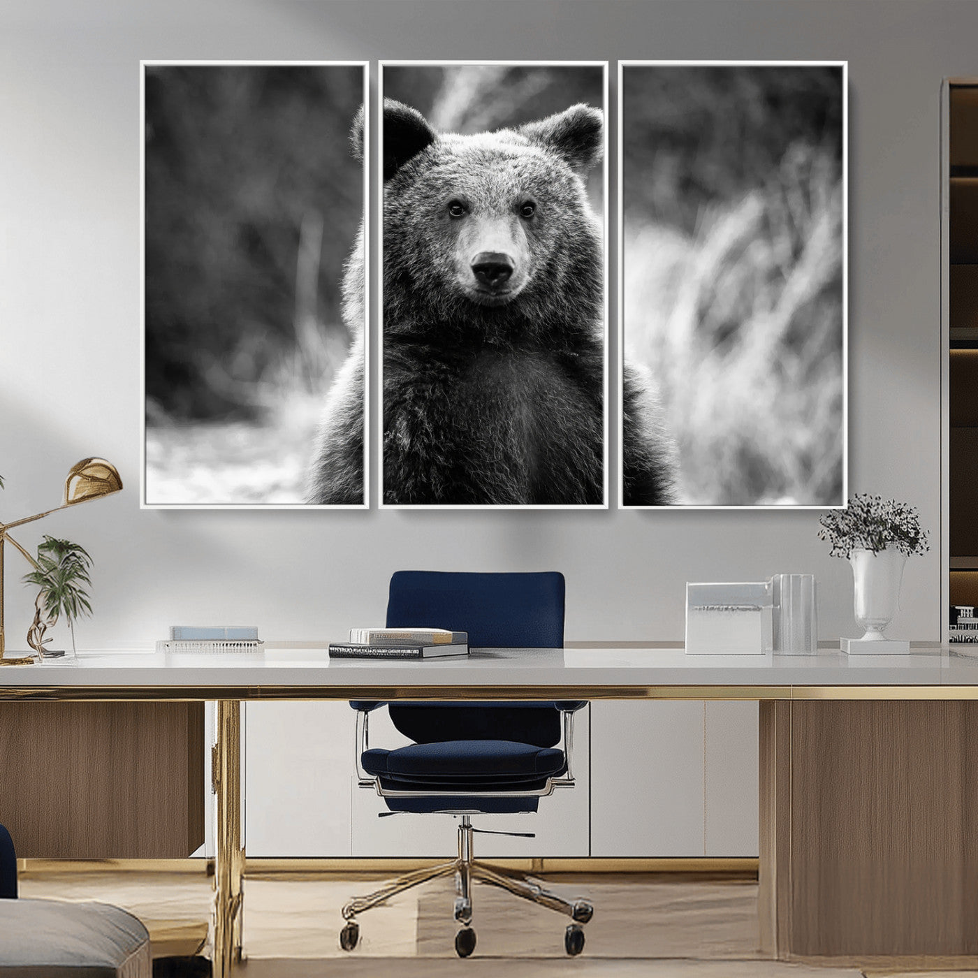 Black and white portrait of a grizzly bear with sharp detail and intense gaze, ideal for neutral-toned wildlife or rustic nature decor.