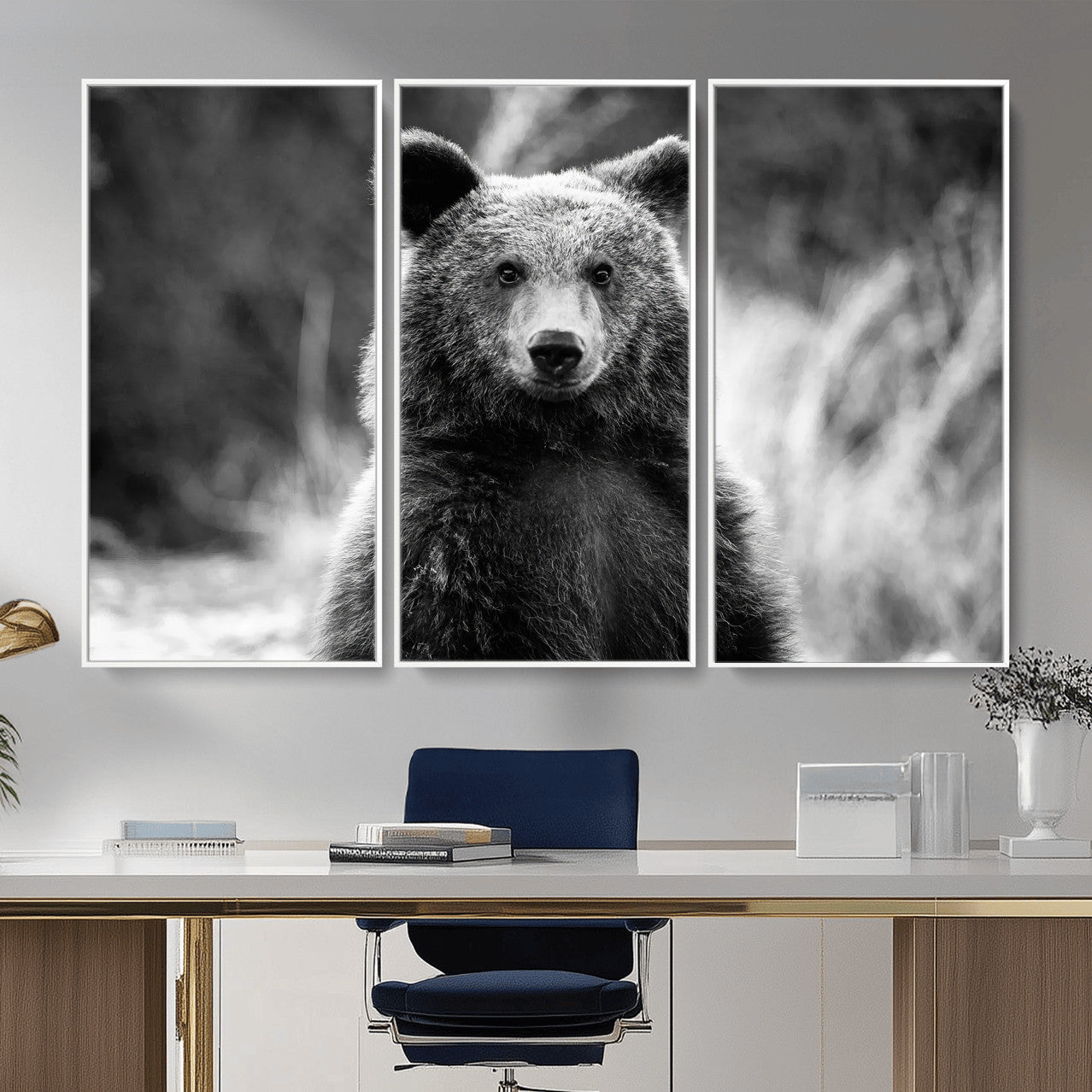 55656803-MGV-CV-36X24-Grizzly Bear Wall Art Canvas Print – Framed Black White Wildlife Rustic Nature Artwork for Home, Office Decor