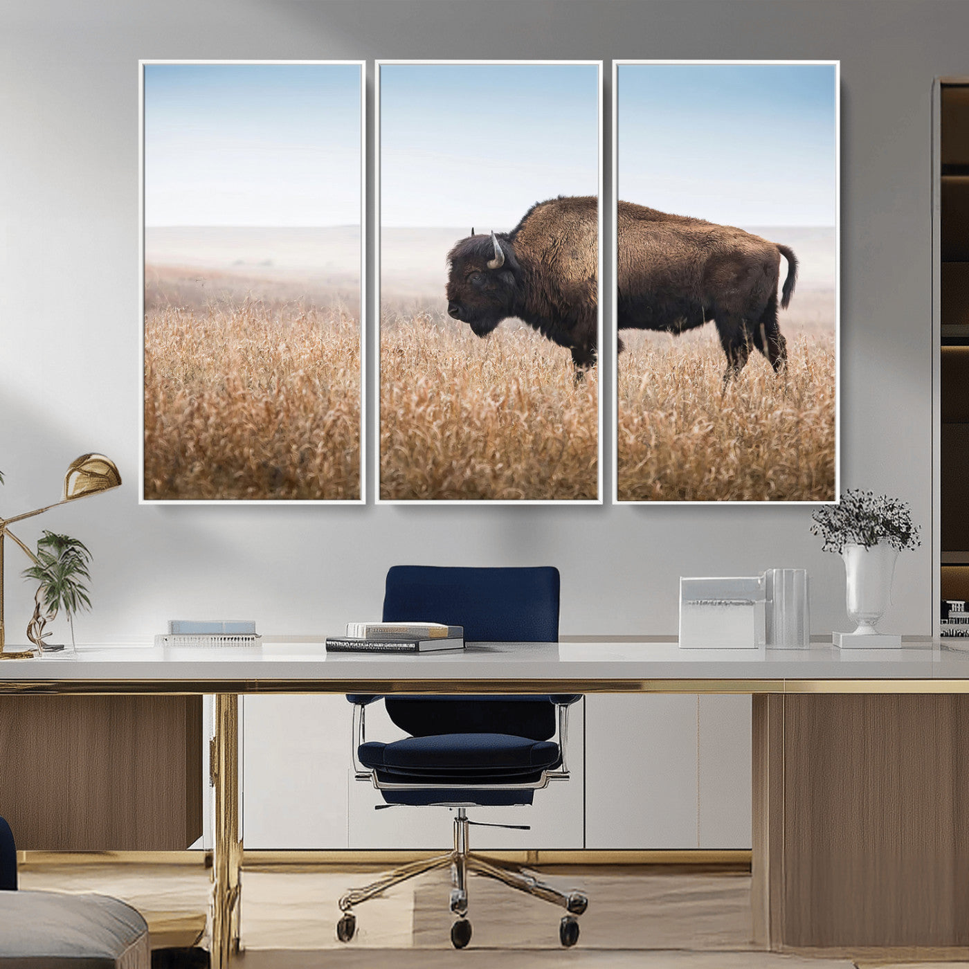 A solitary American bison stands in a dry grassland under soft skies, ideal for rustic or western-style home decor in warm neutral tones.