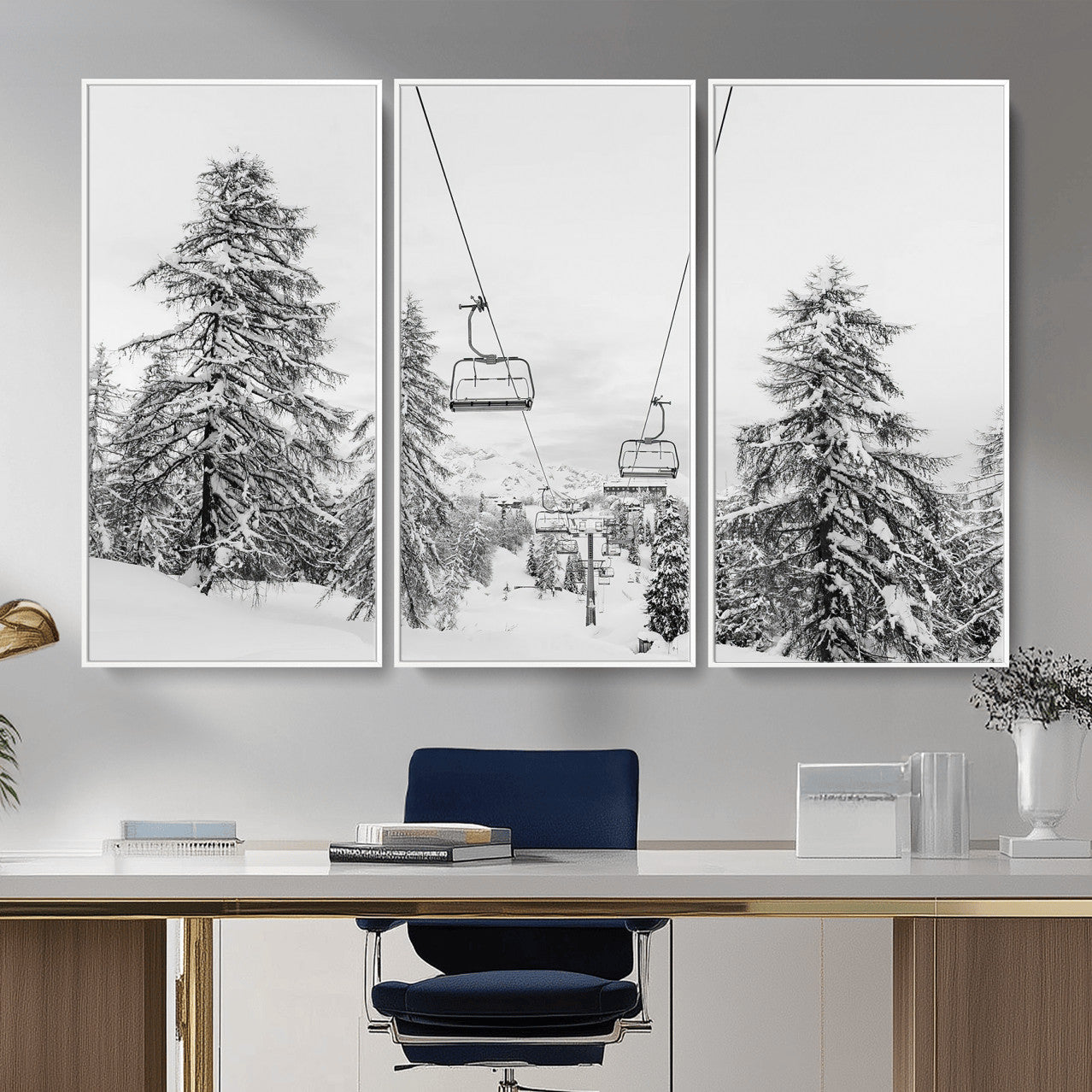 55003599-MGV-CV-36X24 - Snowy Ski Lift Wall Art – Framed Winter Forest Canvas Artwork, Peaceful Mountain Design, Modern Nature Decor for Home, Office