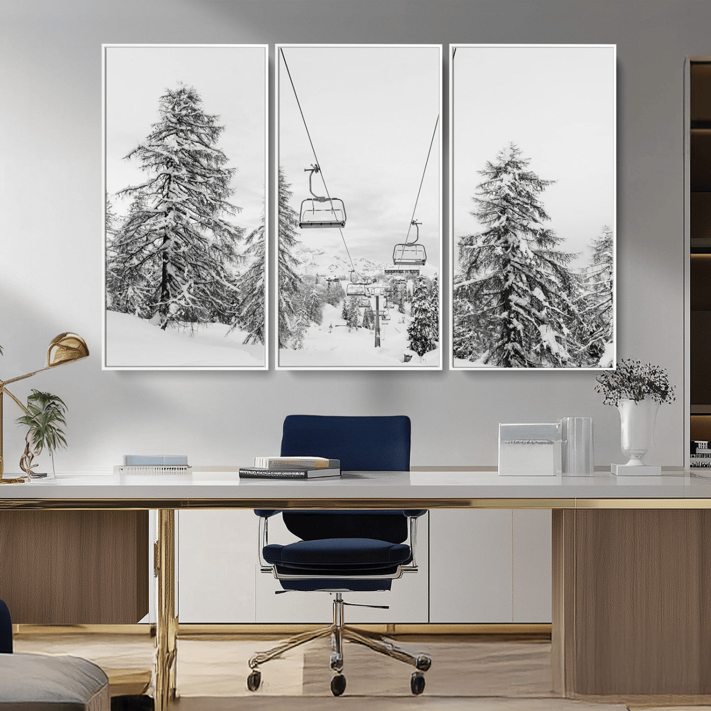 Black and white image of a ski lift amidst snow-covered pine trees, ideal for winter mountain or cabin-themed decor.