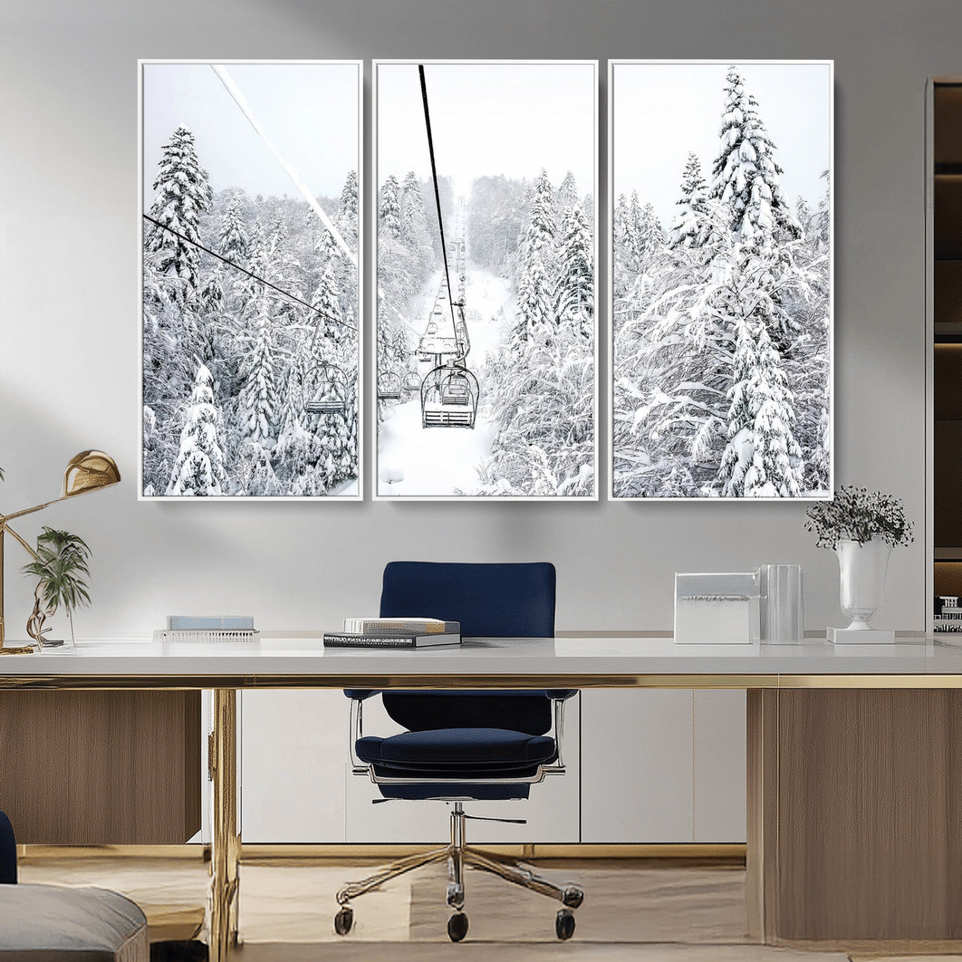 Snowy mountain landscape with a ski lift and snow-covered trees, ideal for winter-themed home decor. Perfect for modern, minimalist interiors.