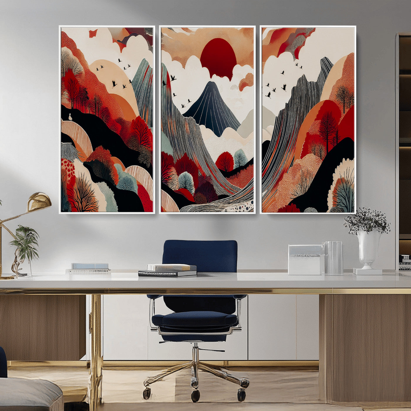 Abstract nature illustration with a red sun, mountains, and vibrant landscapes in graphic style, perfect for contemporary minimalist home decor. Ideal for modern spaces.