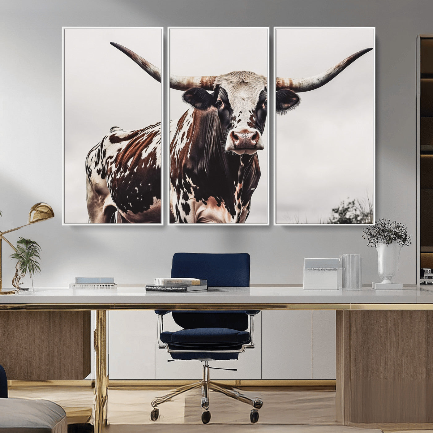 Close-up of a Texas Longhorn bull with powerful horns, perfect for rustic farmhouse or country-themed home decor. Ideal for animal lovers.